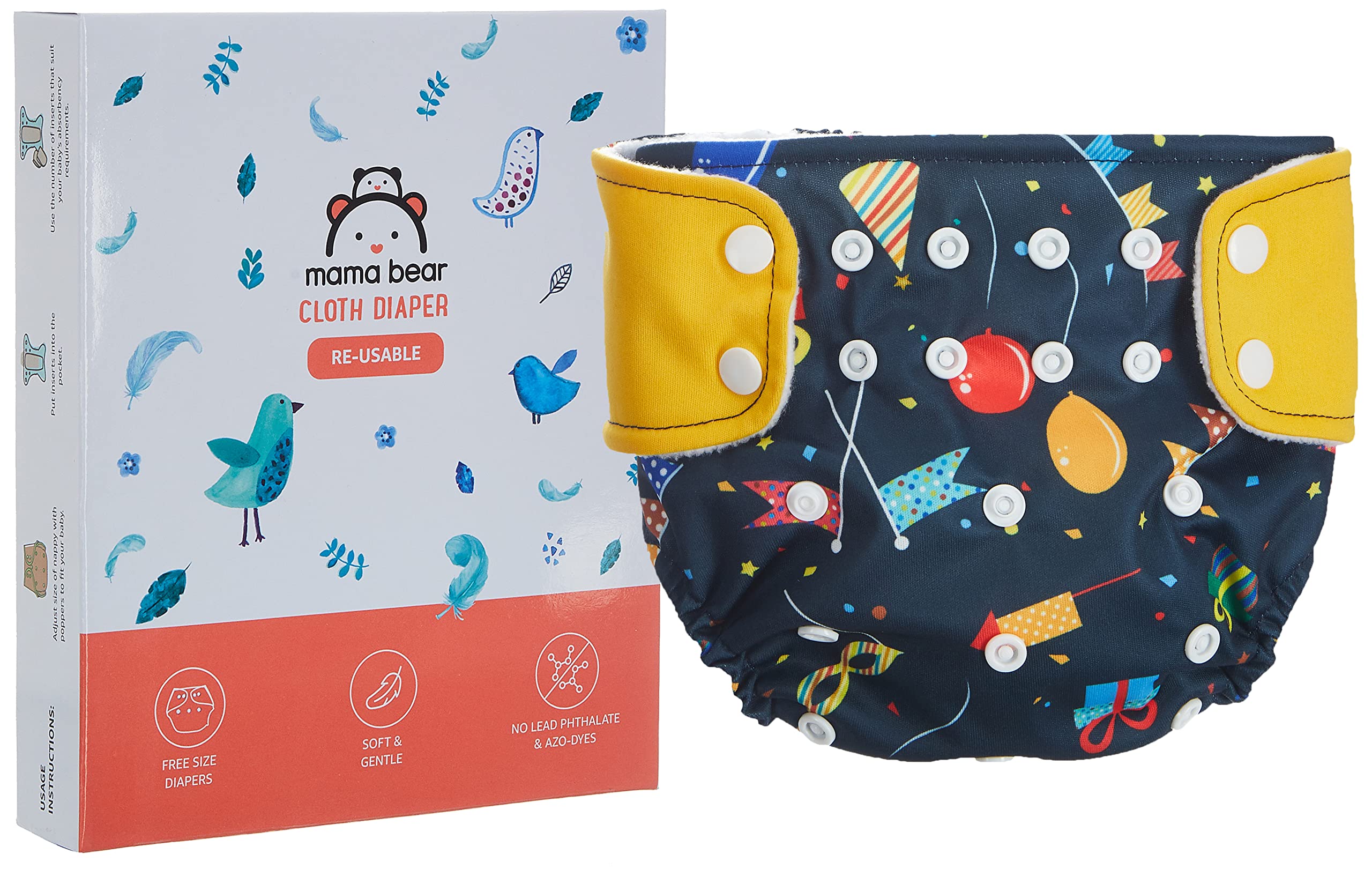 Mama Bear Reusable Cloth Diaper, Freesize, for Baby 0-3 yrs (Yellow Balloons)