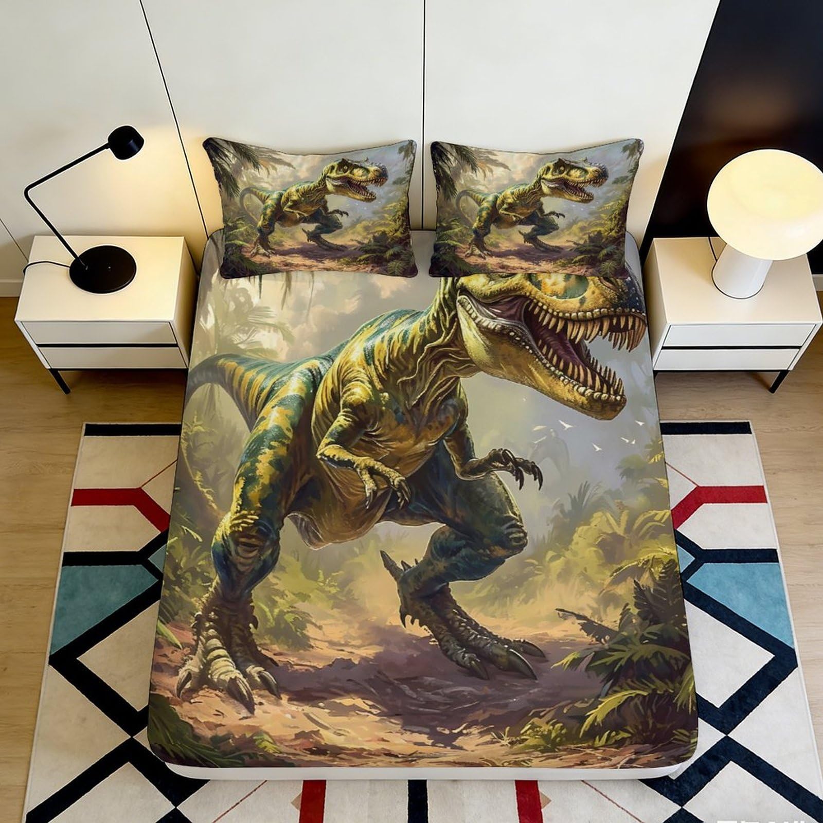 3D Printed Dinosaur Fitted Sheet Microfiber Soft Breathable Prehistoric T-Rex Bed Cover for Bedroom Dormitory Guest Room Mattress Protection Decor 90x200x25cm