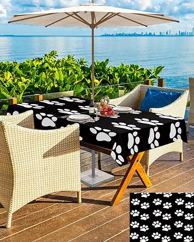 Miniatura 5 de QueenKer Mantel para exteriores con agujero para paraguas, estampado de patas de perro, mesas rectangulares en blanco y negro, colección de mesa