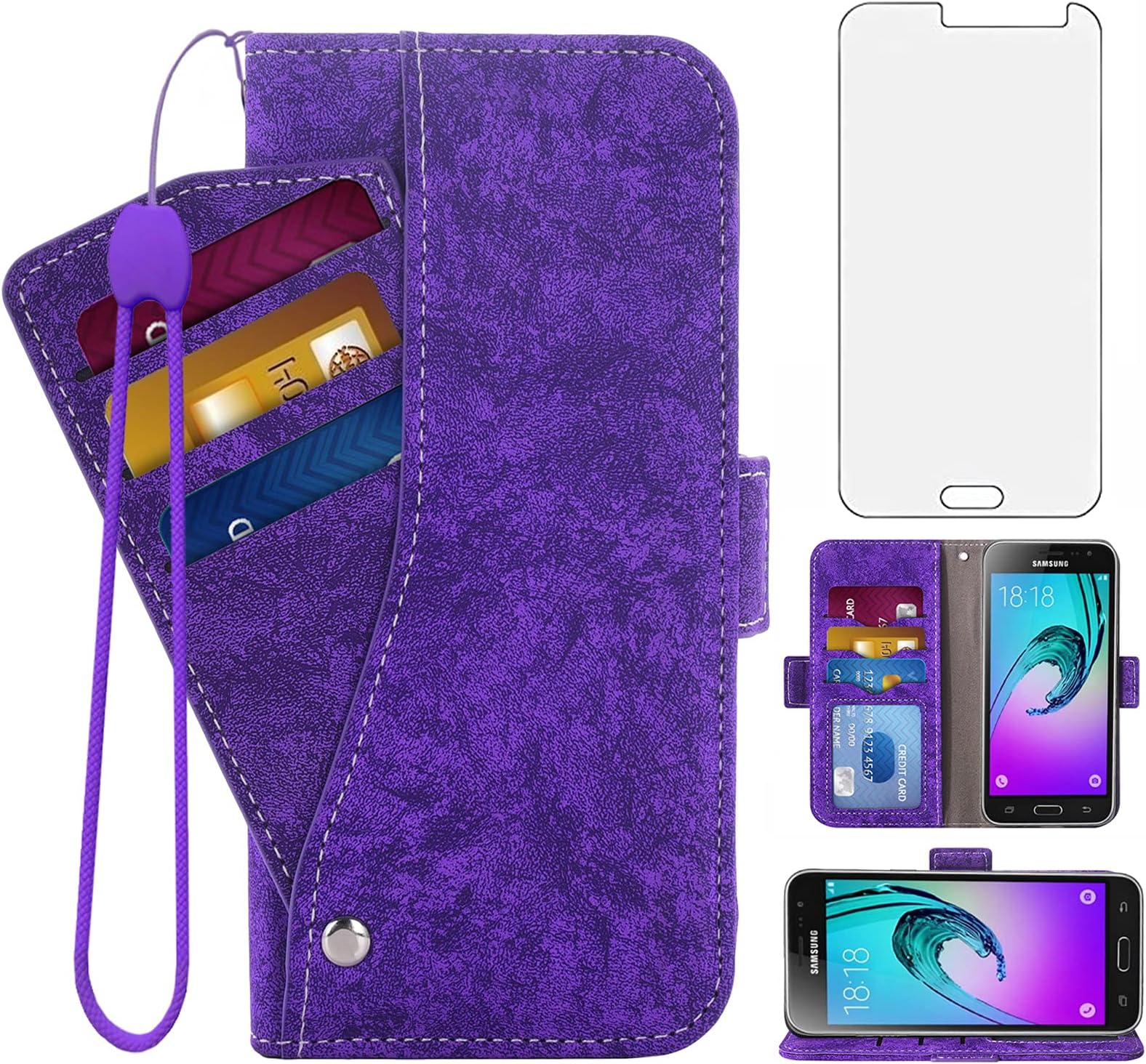Asuwish Compatible with Samsung Galaxy J3 2016/J 3 V/J36V/Sky/Amp Prime Wallet Case Tempered Glass Screen Protector Card Holder Stand Kickstand Phone Cases for Glaxay Sol J3V JV3 J36 6 J320V Purple