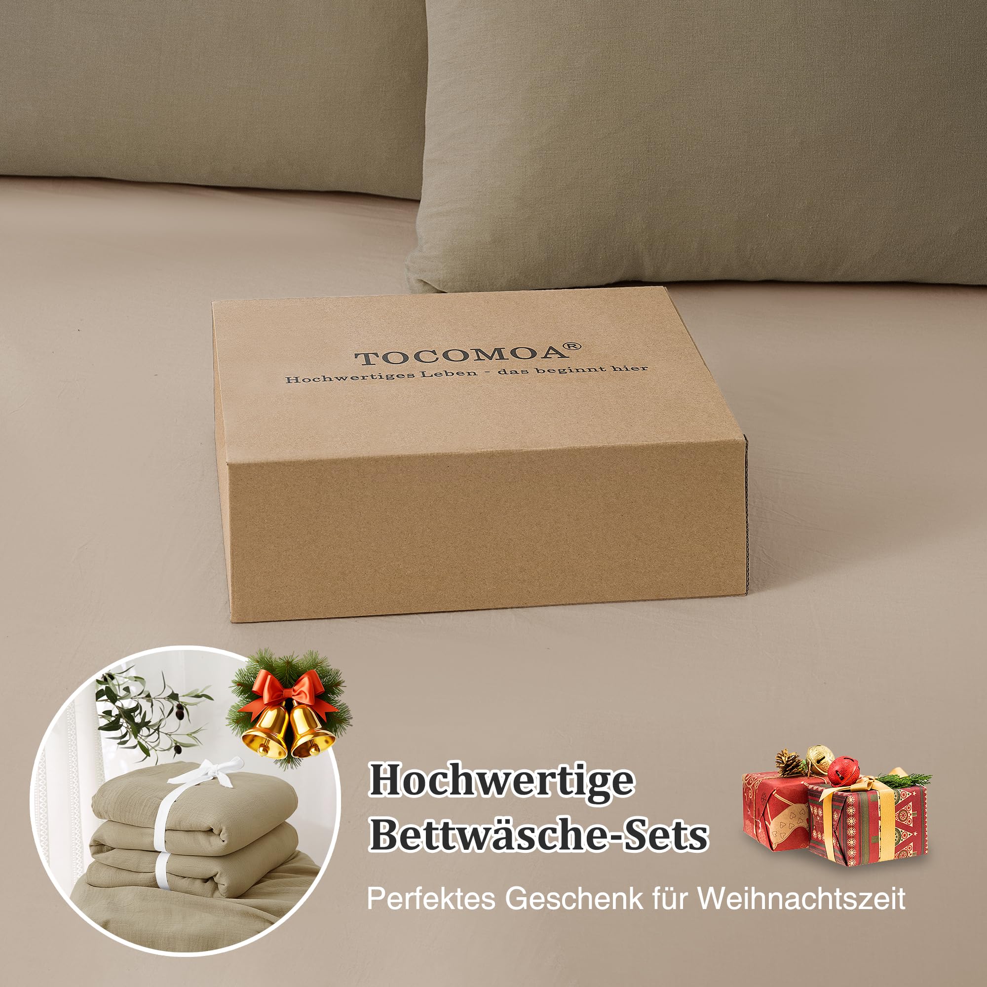 TOCOMOA Musselin Bettwäsche 155x220 Baumwolle 3teilig, Beige Leinenartiger Bettwäsche-Sets mit 1 Kissenbezug 80x80 cm und Kissenbezüge 40x80 cm, Oeko-TEX Bettbezug mit Reißverschluss