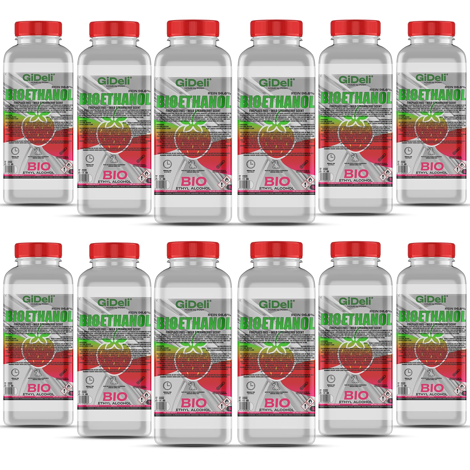 GiDeli bioetanolo 12 x 1 l profumo di fragola forestale 96,6% etanolo per camini interni ed esterni, senza fumo e fuliggine – da mais e barbabietola da zucchero