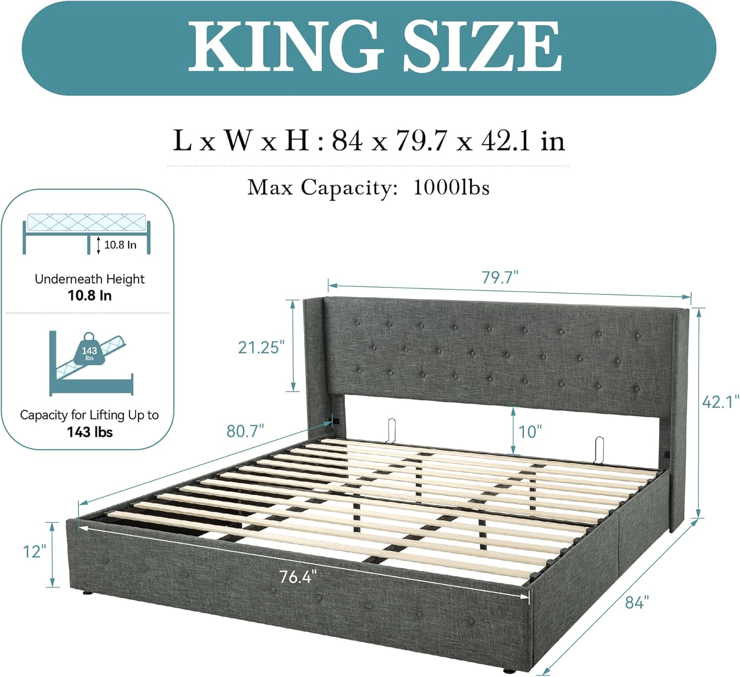 HOOMIC King Size Lift Up Storage Bed with Wingback Headboard/Heavy Duty Hydraulic Platform Bed Frame/Large Under Storage/Wooden Slats Support/Noise Free/Dark Grey
