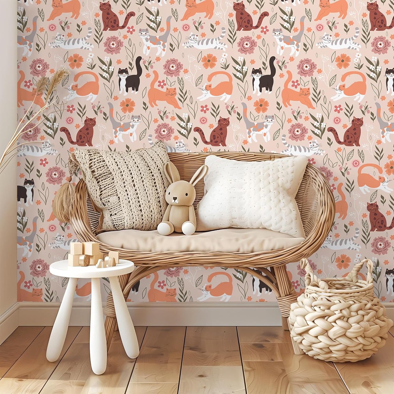 VEELIKE Pink Cat Floral Wallpaper Peel and Stick Cute Animal Cat Wallpaper Stick and Peel for Nursery Kids Bedroom 17.7''x354'' Self Adhesive Removable Wallpaper Pink Cat Wall Mural for Playroom Walls