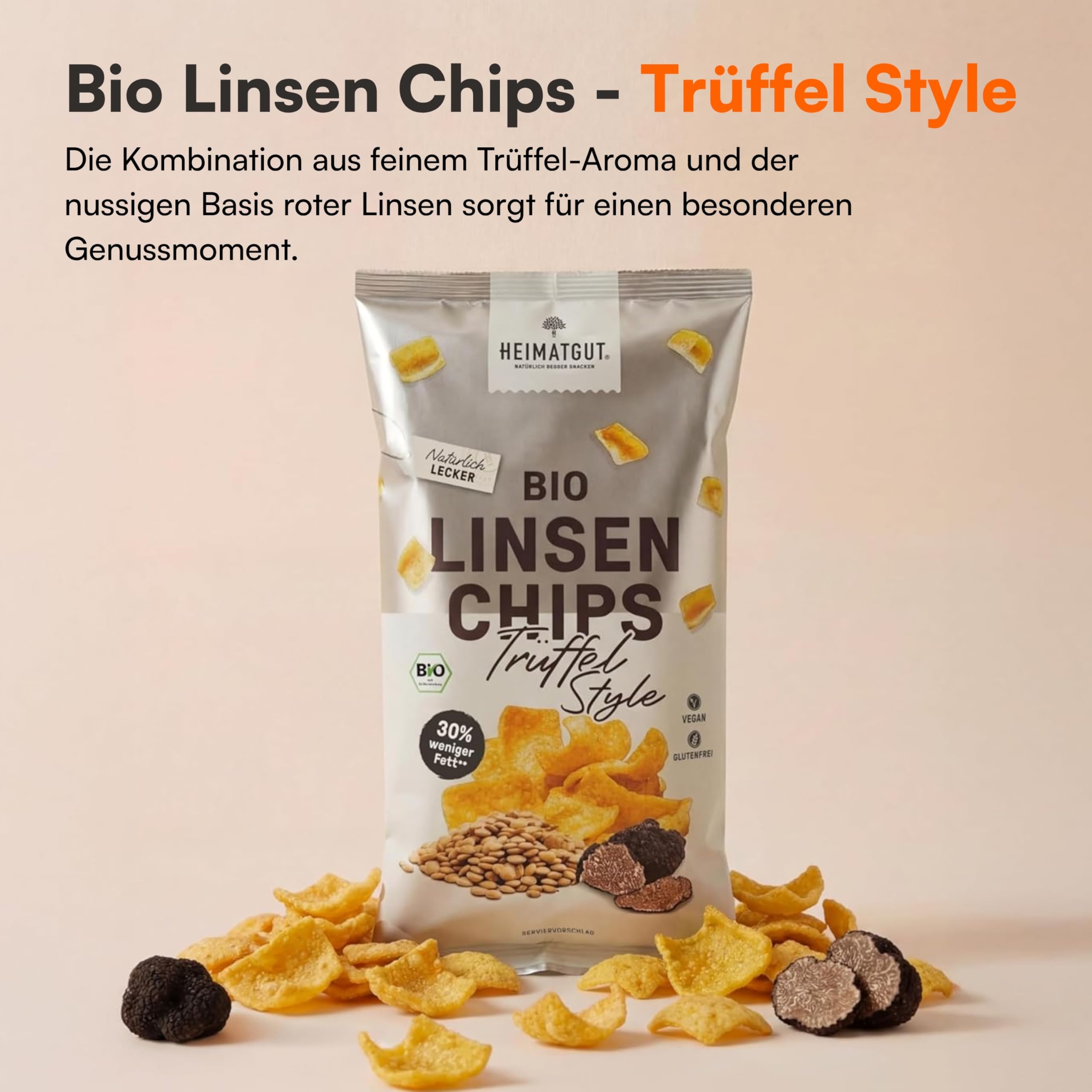 HEIMATGUT® Bio Vegane Linsen Chips Trüffel-Style | Ofengebackene Chips aus roten Linsen | Trüffel-Aroma | 30% weniger Fett | Proteinreich & glutenfrei | Ohne Zucker, Aromen & Zusatzstoffe | 12 × 75 g
