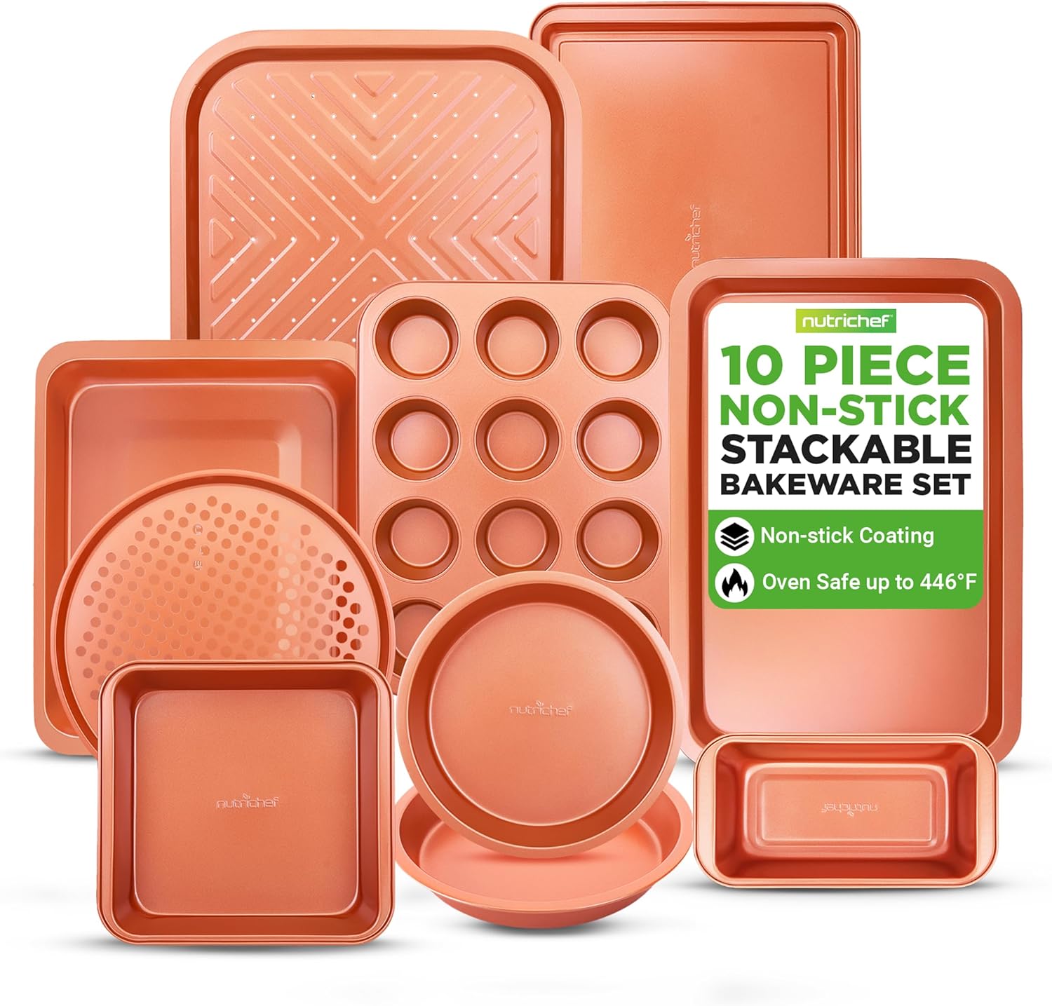 NutriChef 10-Piece Oven Baking Pans Set – Deluxe Carbon Steel Bakeware Set with Non-stick Gray Coating Inside and Out, Dishwasher Safe & PFOA, PFOS, PTFE Free