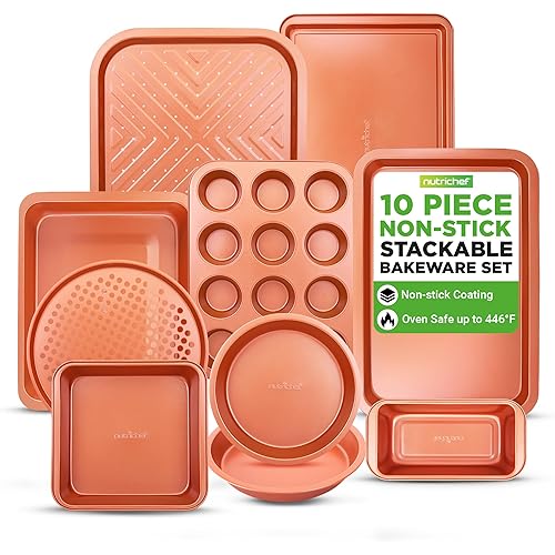 NutriChef 10-Piece Oven Baking Pans Set - Deluxe Carbon Steel Bakeware Set with Non-stick Gray Coating Inside and Out, Dishwasher Safe & PFOA, PFOS, PTFE Free