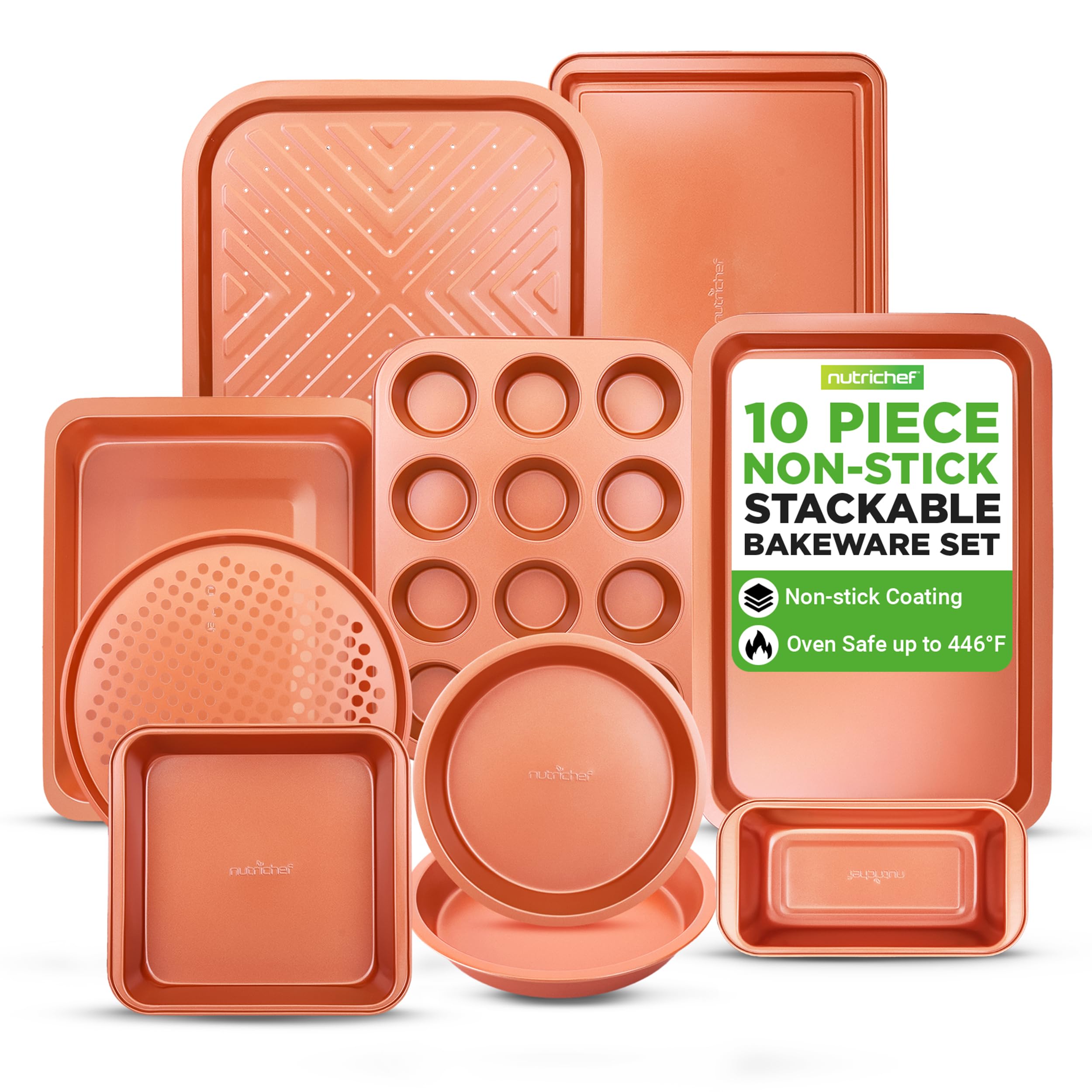 NutriChef Moules à Pâtisserie - Set de 10 Ustensiles Antiadhésif en Acier au Carbone - Inclus Plaques à Biscuits - Moules à Pain, Cupcakes, Rôtir - Plaques Perforées pour Grille - Faciles à Nettoyer