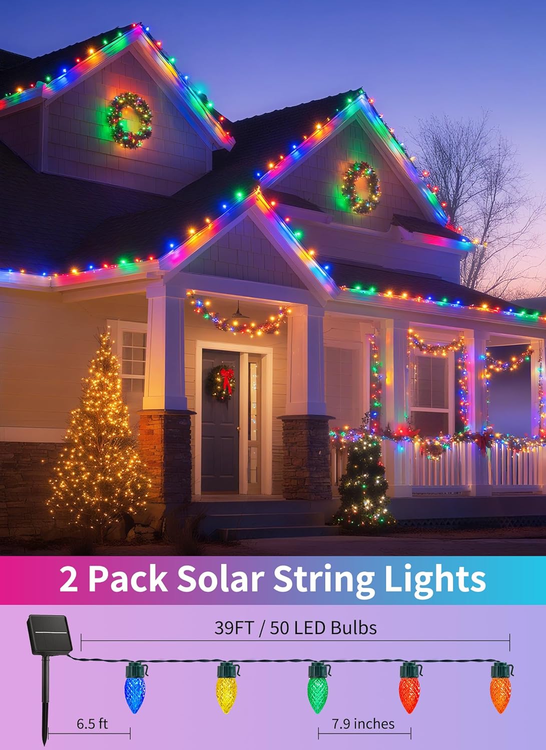 Solar Christmas Lights Outdoor, 2 Pack 50 LED C9 Strawberry String Light with Timer & 8 Light Mode, Waterproof Solar Christmas Tree Lights for Outside Garden Patio Party Christmas Decor, Multicolor