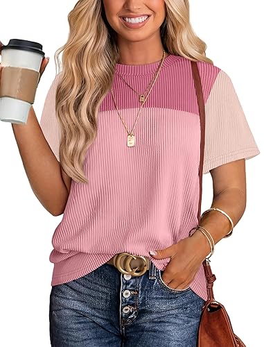 WIHOLL Womens Fashion 2026 Color Block Shirts Short Sleeve Crewneck