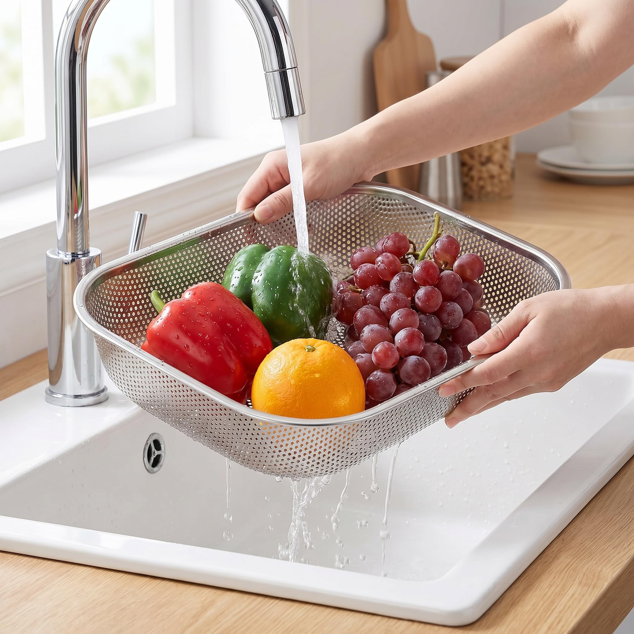 Cedilis Confezione da 2 colini in acciaio inossidabile, scolapasta rettangolare in rete per lavello per frutta e verdura, grande (38,1 x 27,9 x 6,6 cm)