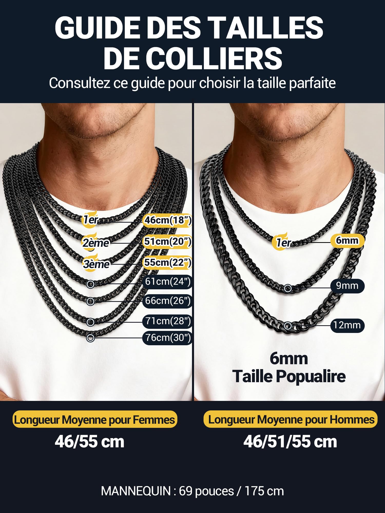 PROSTEEL Collier Homme Chaine Acier Inoxydable/Plaqué Or, Collier Chaine Cubaine Homme Noir, 6/9/12 mm de Large, Longueur de 46/51/55/61/66/71/76 cm, Bijou Hip Hop