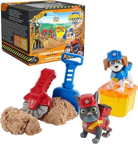 Rubble & Crew, Figuras de acción de Charger y Wheeler, con arena Kinetic Build-It y 2 herramientas de construcción, juguetes de PAW Patrol para