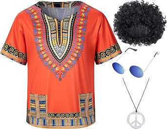 Kids Hippie Costume for Boys Girls 60s 70s 4 Pcs T-Shirt Afro Wig Set for Halloween Party Cosplay 3-12 Years