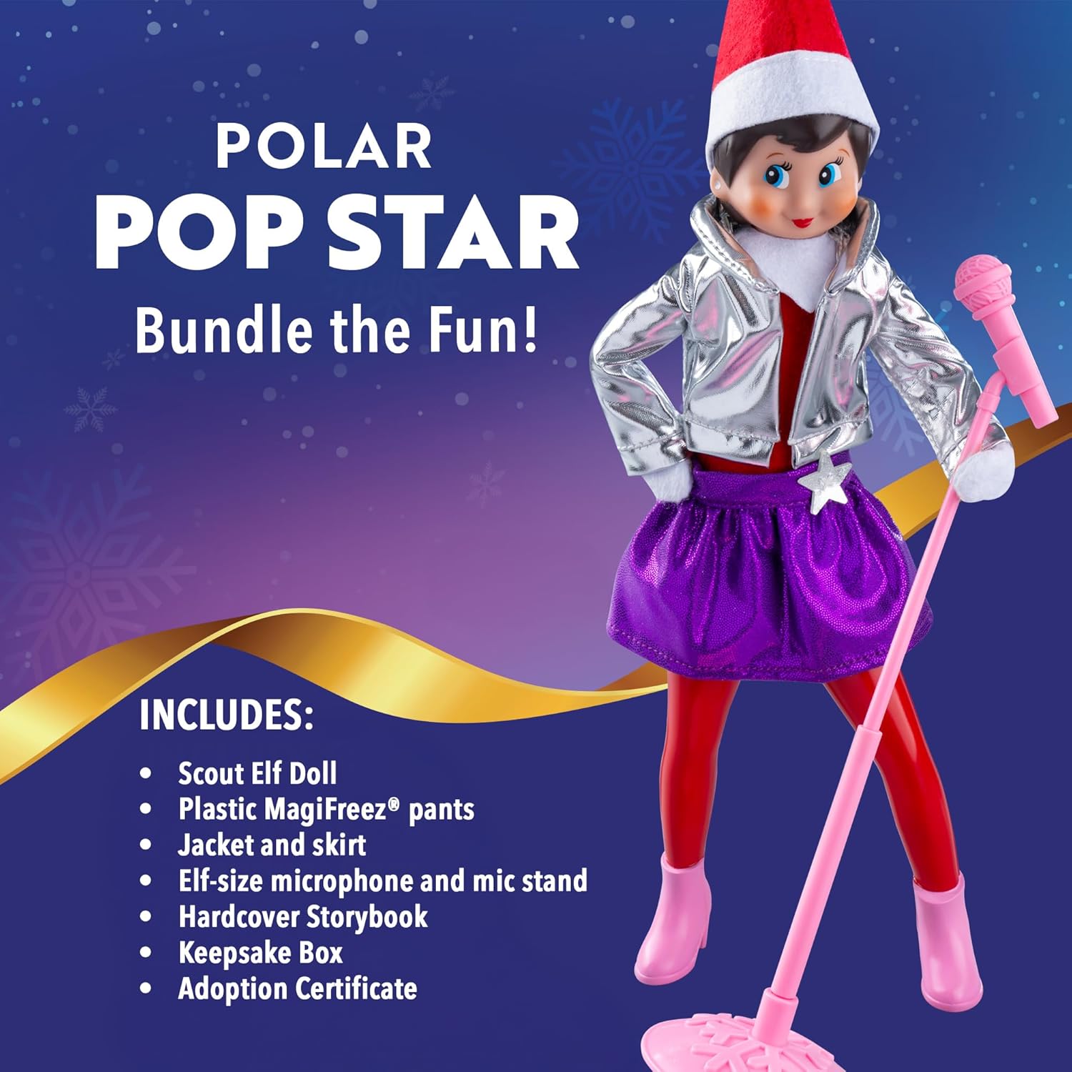 The Elf on the Shelf Scout Elf Doll Set, Girl with Blue Eyes, Red and White Christmas Tradition, with MagiFreez Pop Star Outfit, Book, 3 Years and Up