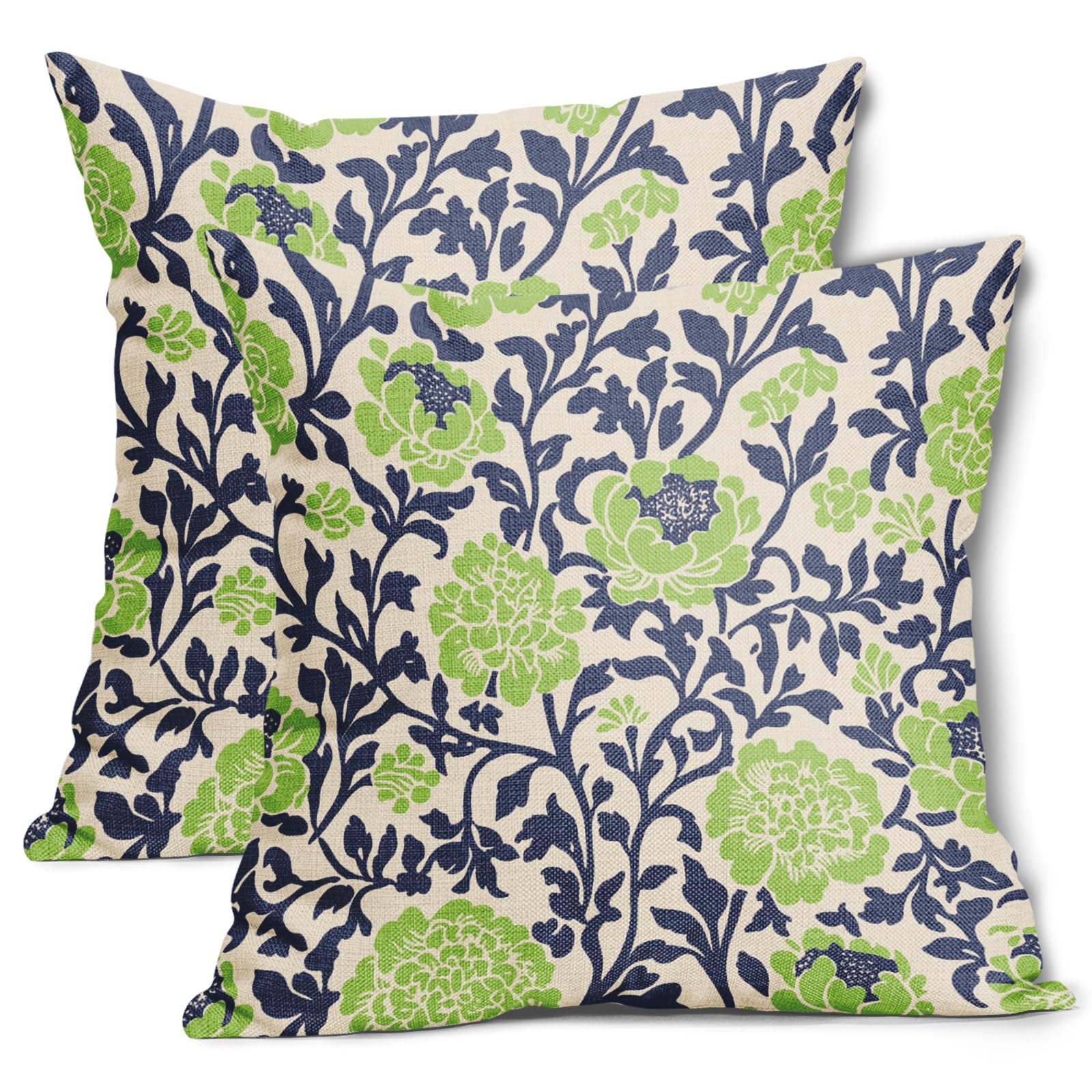 AmplePisce Green Navy Floral Pillow Covers 18x18 Inch Set of 2 Vintage Block Print Flower Cotton Linen Decorative
