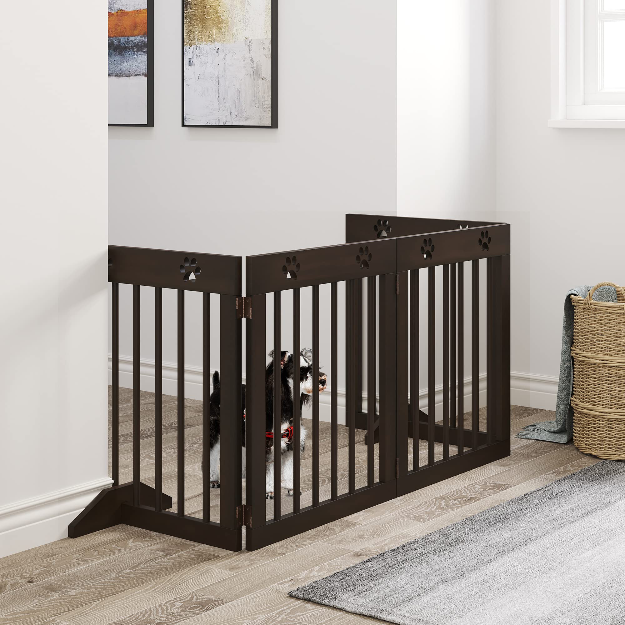 PawHut Cancellino per Cani Taglia Piccola in Legno Pino 204x30x61cm Marrone | Pieghevole, Piedini Rimovibili, Cancelletto di Sicurezza