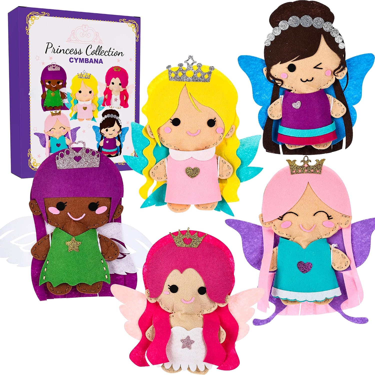 Cymbana Sewing Kit for Kids 5 Princess, Make Your Own Beginner Sewing Kits Ages 6+, Felt Craft Fashion Designer Kits for Girls