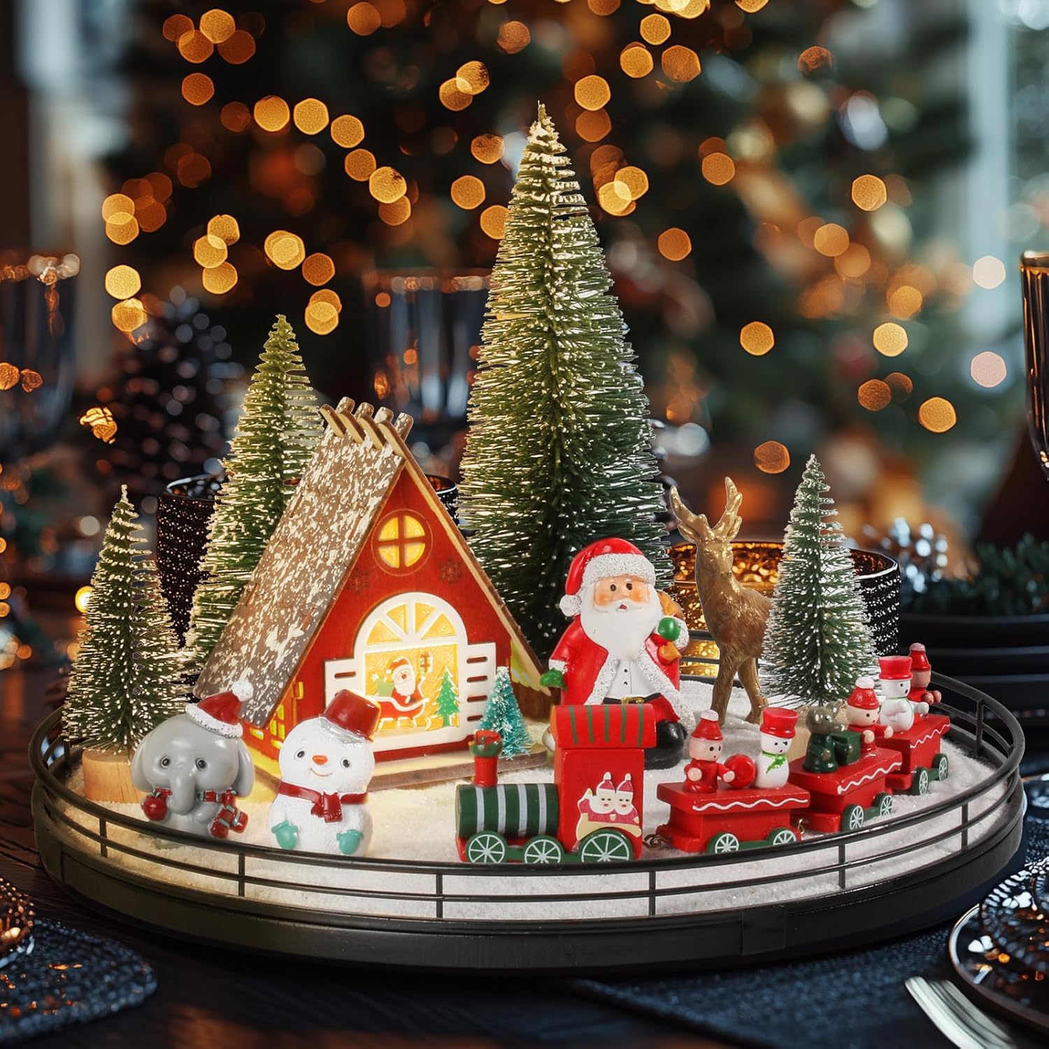 Oroyutor 12 Pcs Christmas Village Set - 13" Oak Wooden Lazy Susan with Santa Train, House & Trees – Indoor Christmas Centerpiece Decor for Holiday Coffee Table, Dining Table, or Mantel Decor