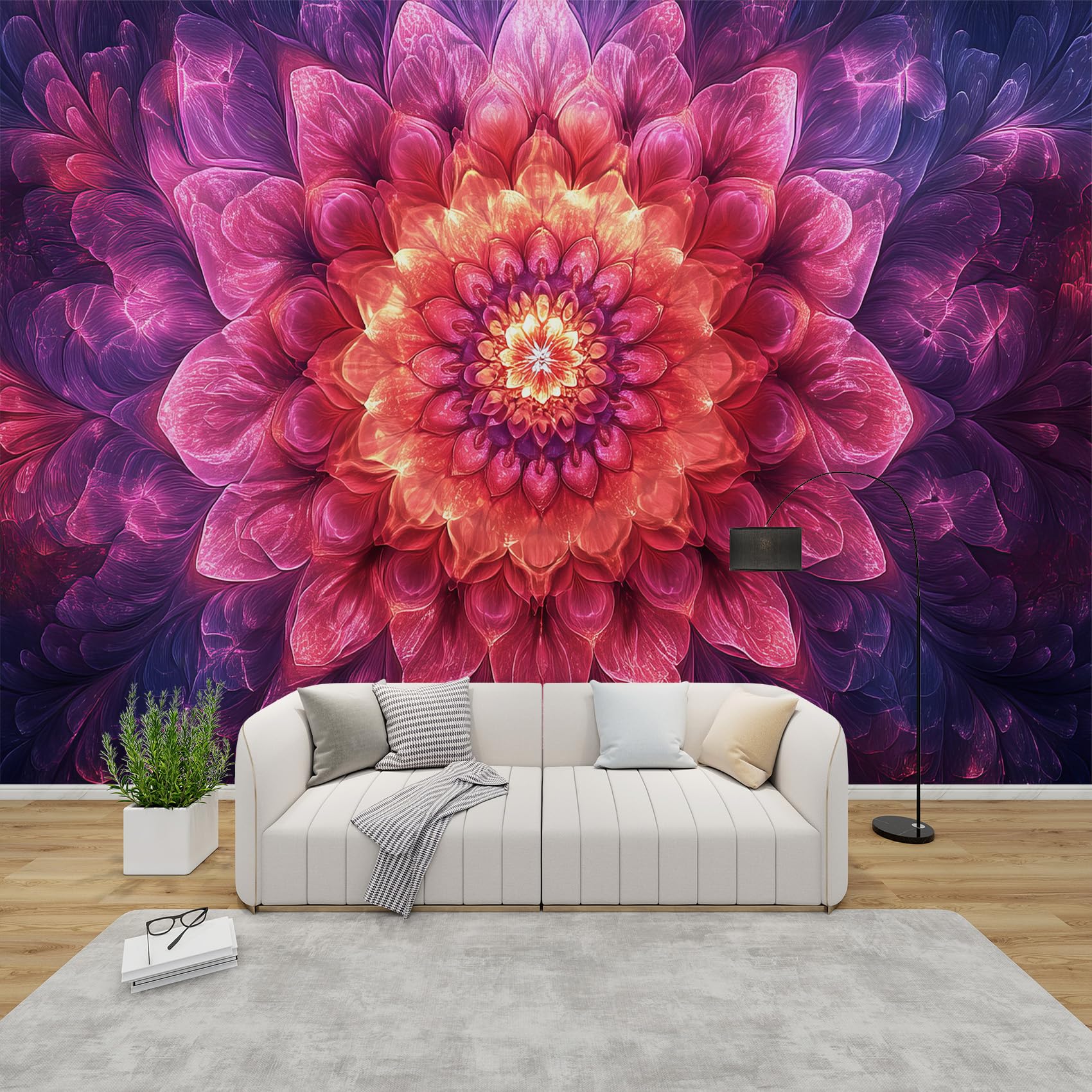 Qeodah Pink Purple Mandala Mural Wallpaper For Living Room, Purple Floral Wall Art For Bedroom, Fantasy Flower Wall Murals For Bedrooms, Renter Friendly Removable Waterproof Photo Wallpaper 3D, 150X105 Cm