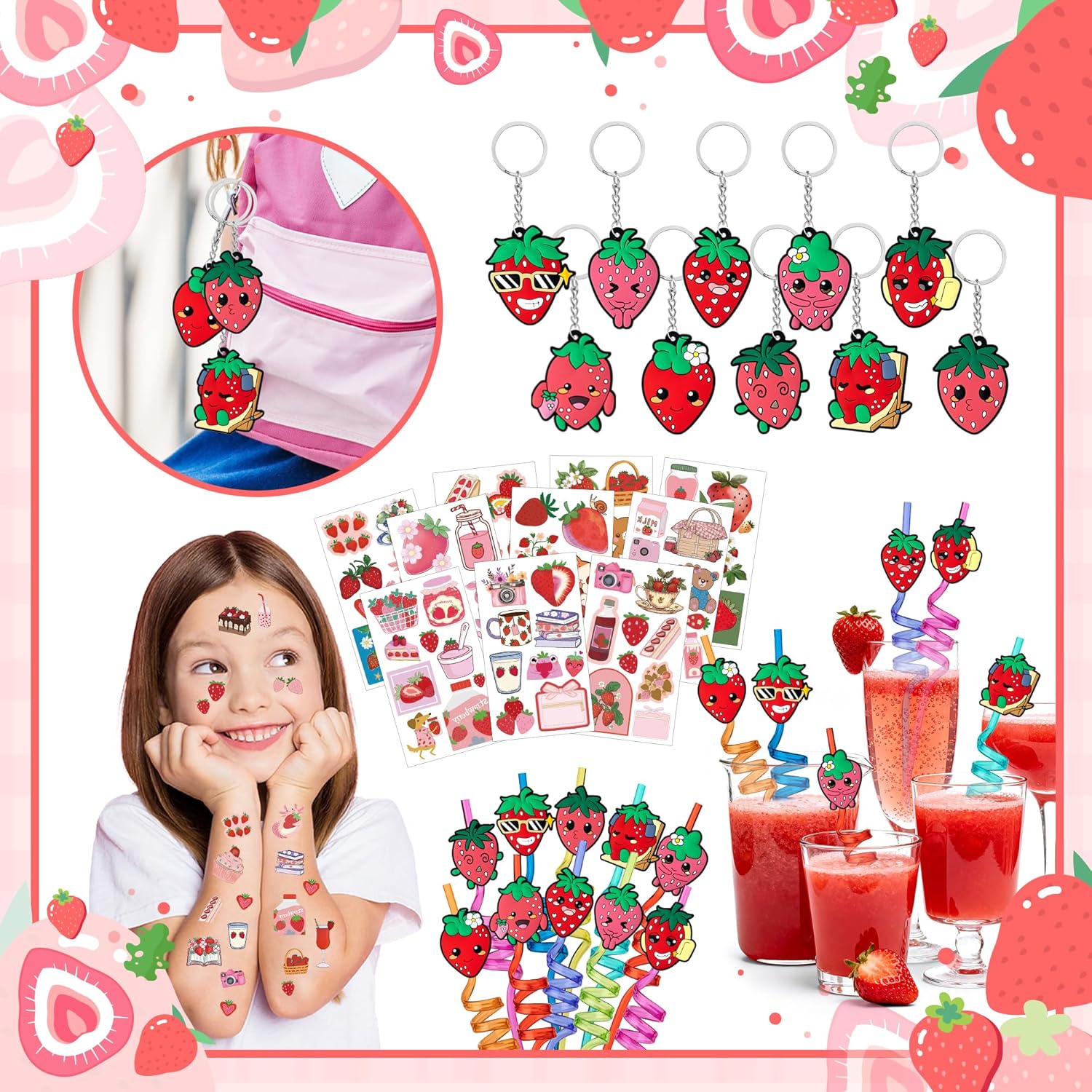 WHALEISLAND Strawberry Party Favor Sweet Berry gift bag Stickers Stampers Keychain Paper Straws Gift Rewards for Kids Girls Birthday Supplies