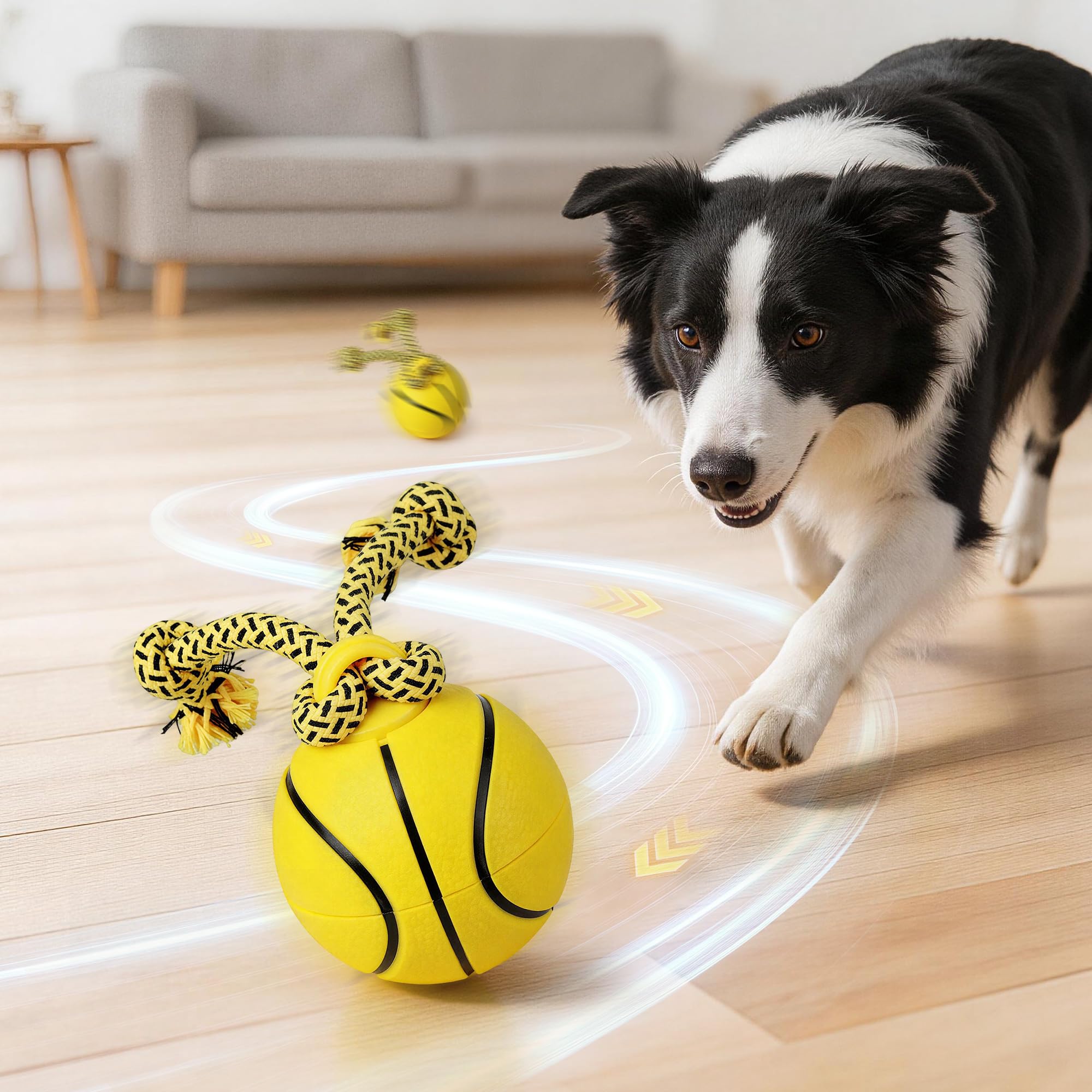 pet prime Interactive Dog Ball Toys, Auto Moving Dog Ball with Rope USB Rechargeable, Activated Smart Dog Toys for Boredom, Waterproof Electric Dog Toys for All Breed Sizes - Yellow