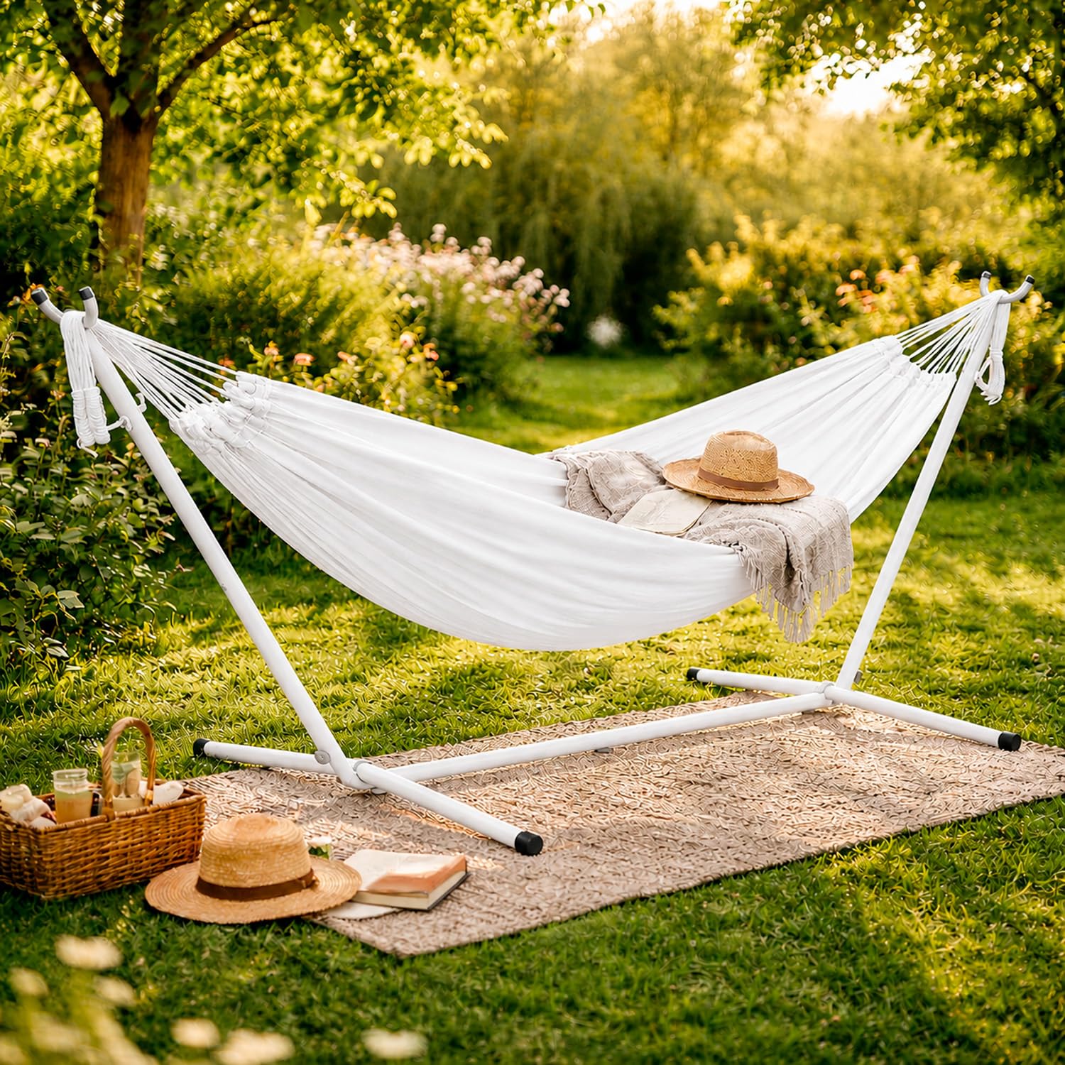 Amaca Da Giardino Con Supporto In Acciaio Portata 200 Kg Altezza Regolabile Telo Cotone Resistente Amaca Brasiliana Esterno Terrazzo Piscina Balcone Con Borsa 265 x 110 x 100 Cm Bianco