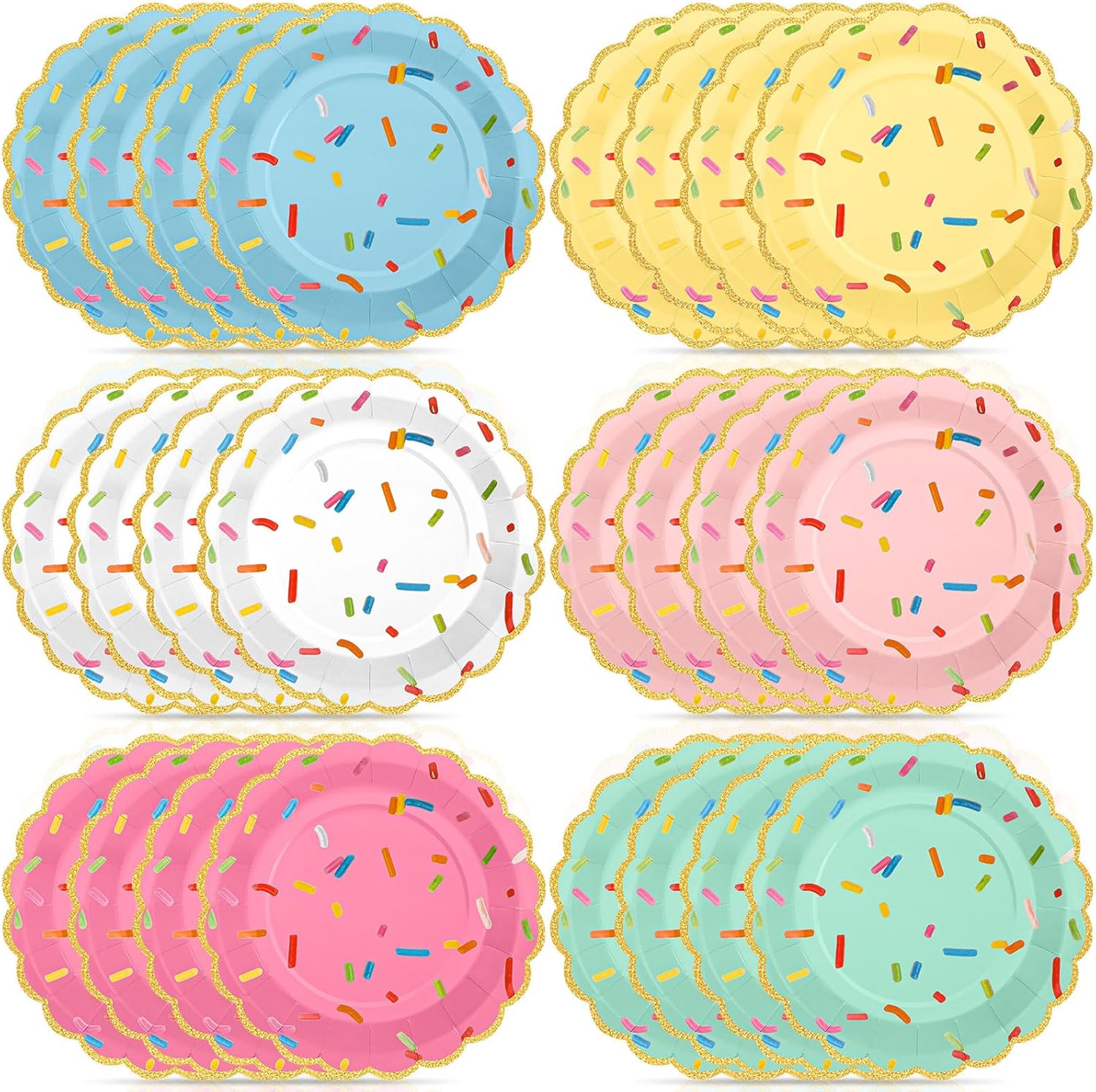 96 Pcs 9 Inch Confetti Sprinkles Dessert Plates Sprinkled Love Baby Shower Party Decoration Scalloped Golden Edge Disposable Thick Paper Plate Donut Ice Cream Wedding Birthday Supplies