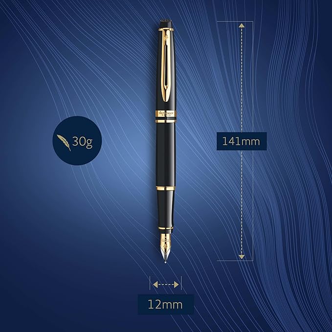 Waterman Expert Fountain Pen, Gloss Black With 23K Gold Trim, Fine Nib Blue Ink Cartridge, Gift Box