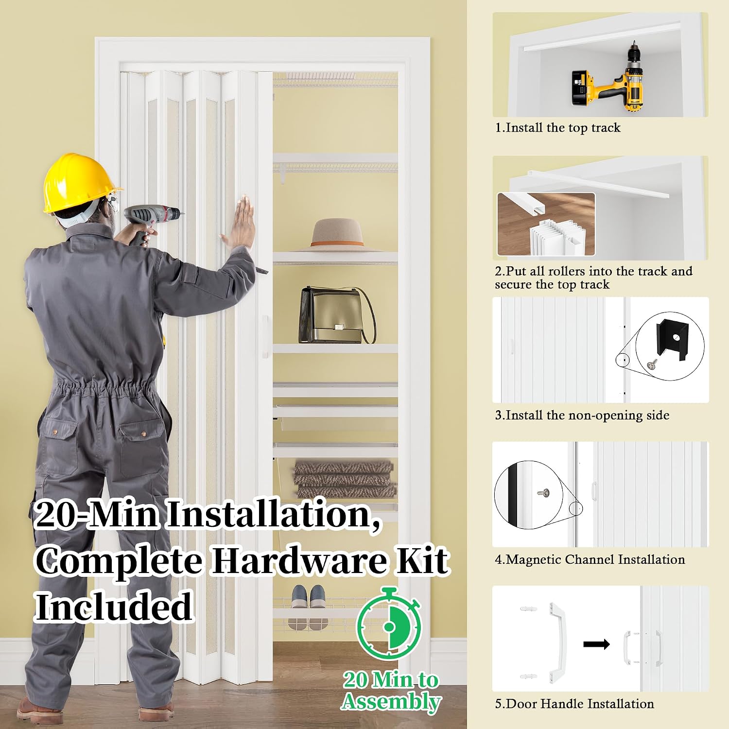 36" x 80" Enhanced Accordion Doors Interior with Frosted Acrylic Panel, Suitable for Door Opening Width: 24"-36", PVC Interior Folding Doors with 2 Handles for Closet Bathroom Doorways