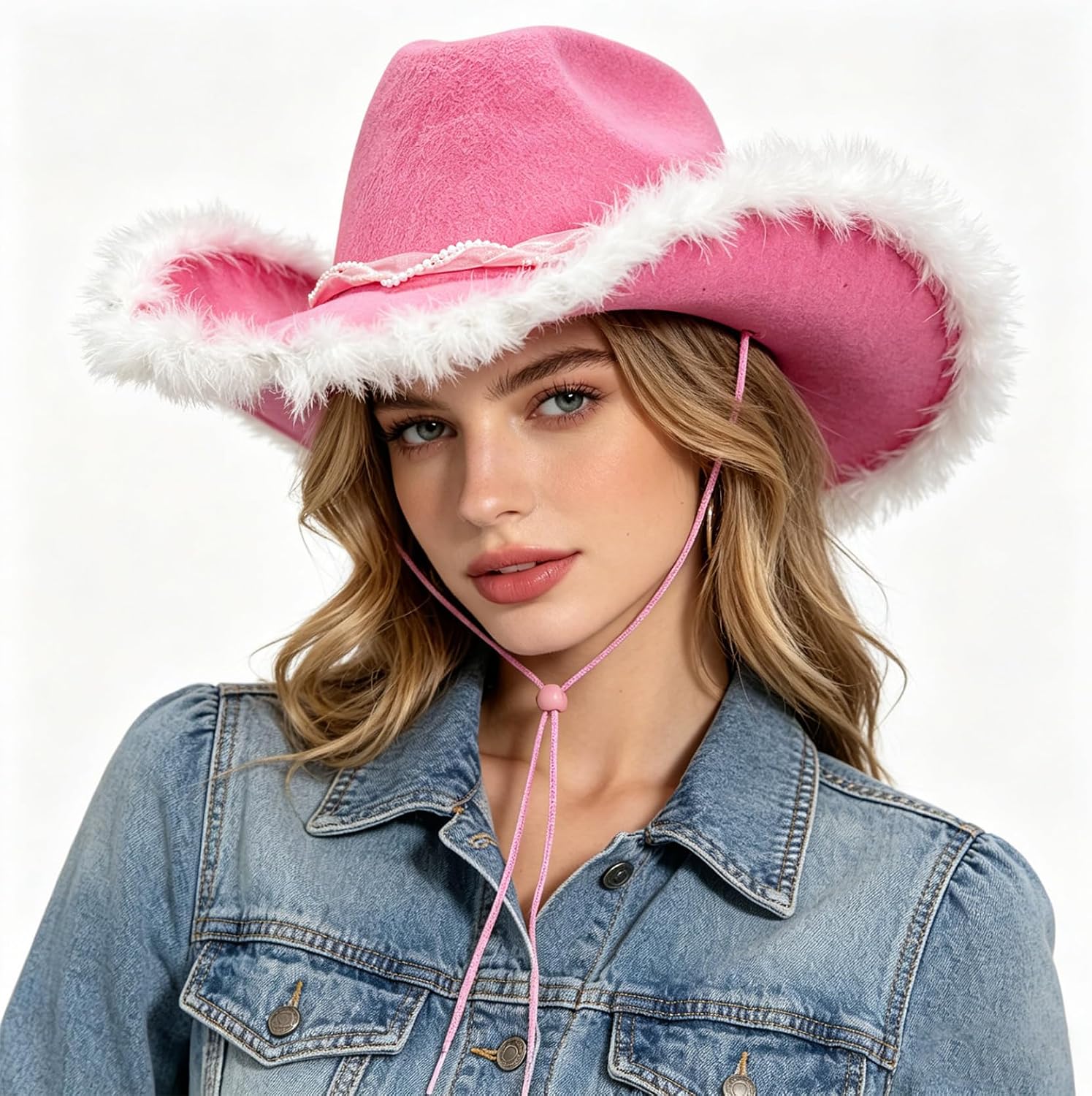 Women Cowboy Hat with Plush Trim Cowgirl Fashion Props for Carnival Birthday Western Style Themed Party
