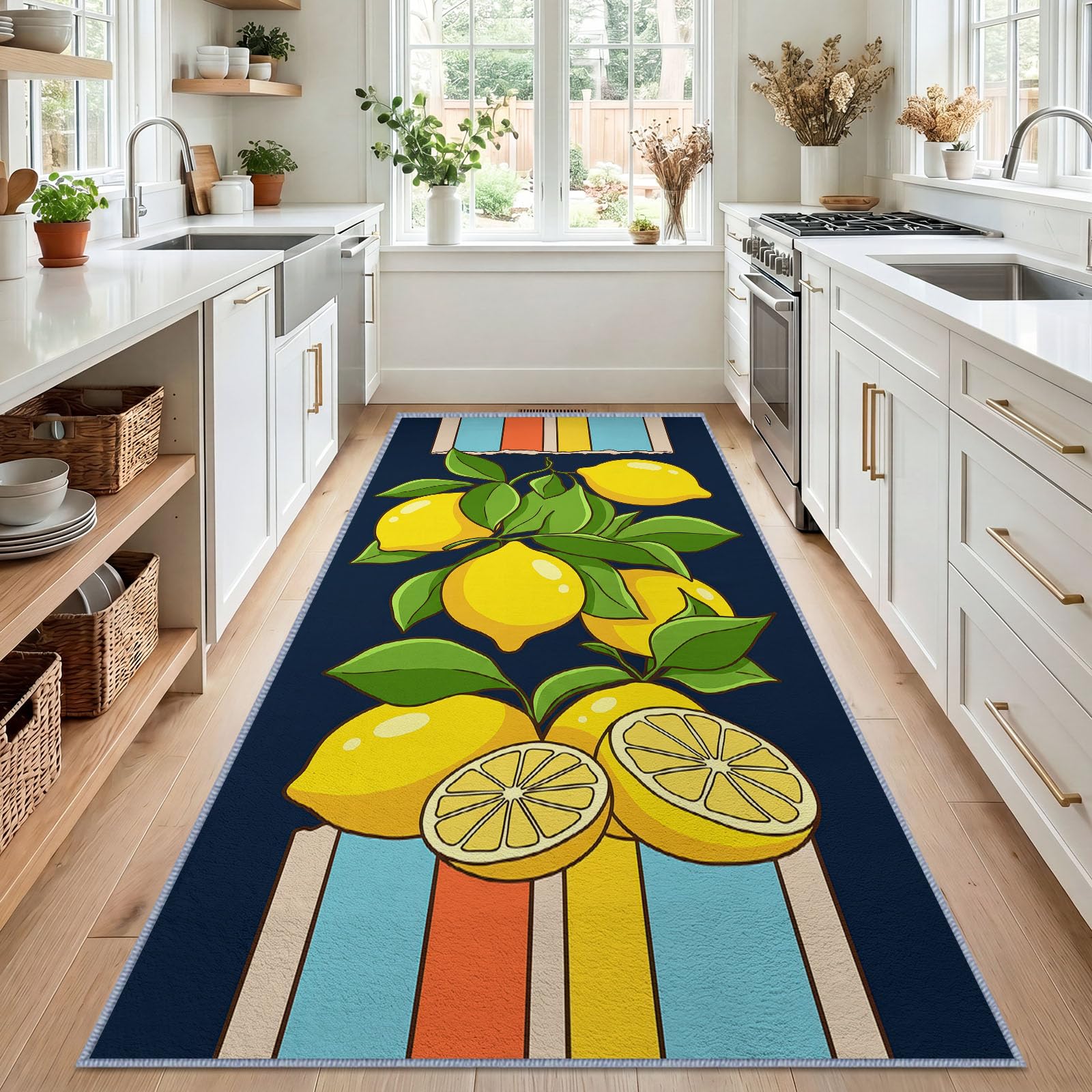 Tappeto con piante rustiche, frutti, limone, foglie verdi, 80 x 200 cm