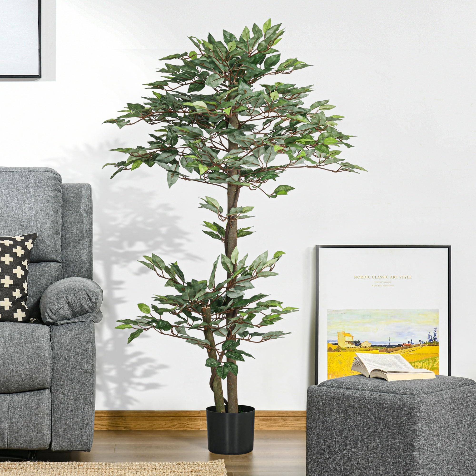 Outsunny Arbre Artificiel Ficus Hauteur 1,5 m Grand Réalisme Pot Inclus | Plante Artificiel, Tronc, Branches, Liane, Lichen, Feuilles