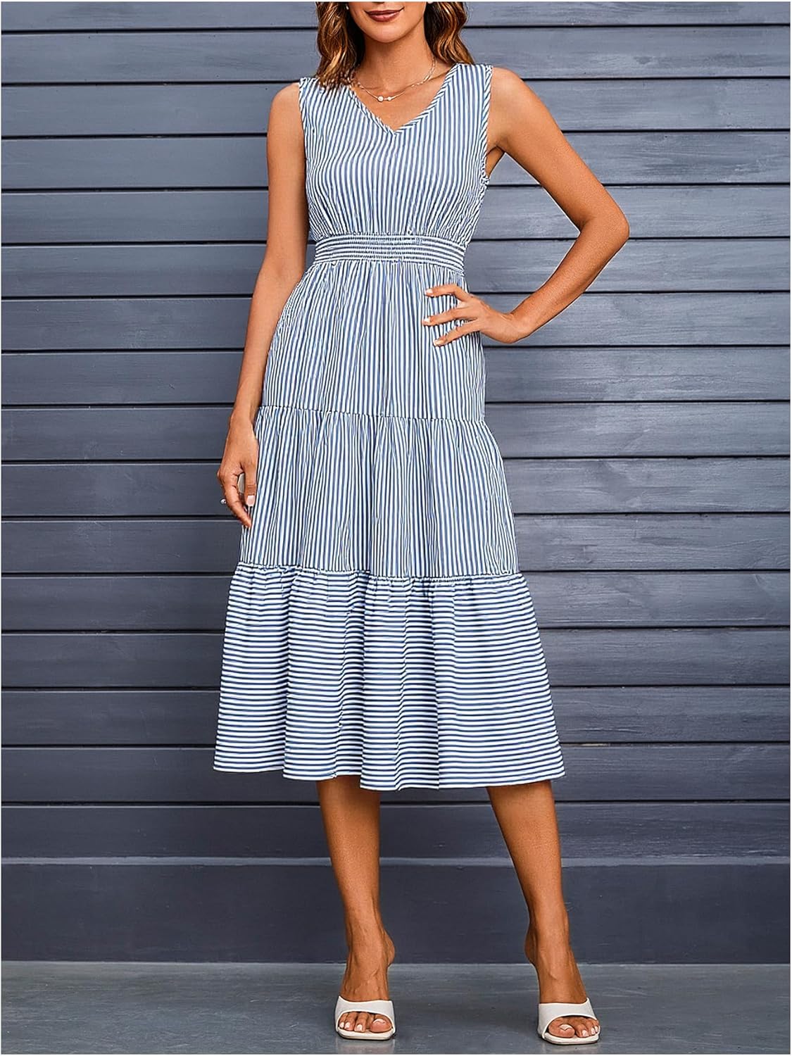 Women's Striped Tiered Ruffle Dress Summer V Neck A Line Flowy Midi Dresses Beach Vacation Clothes - Image 3