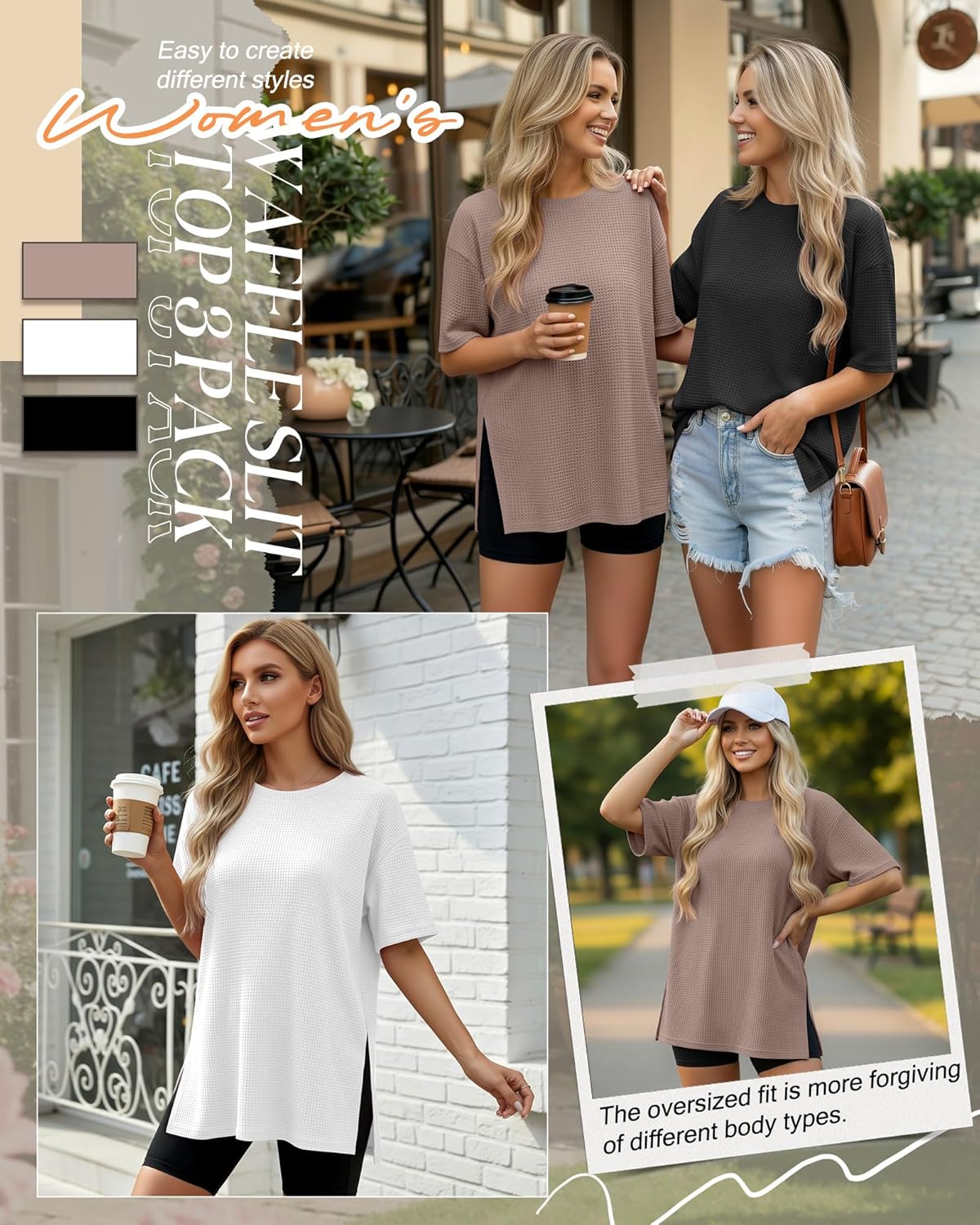3 Pack Women's Oversized Waffle Knit Short Sleeve Tops Side Split Crewneck Loose Long T-Shirts Summer Casual Tees - Image 2