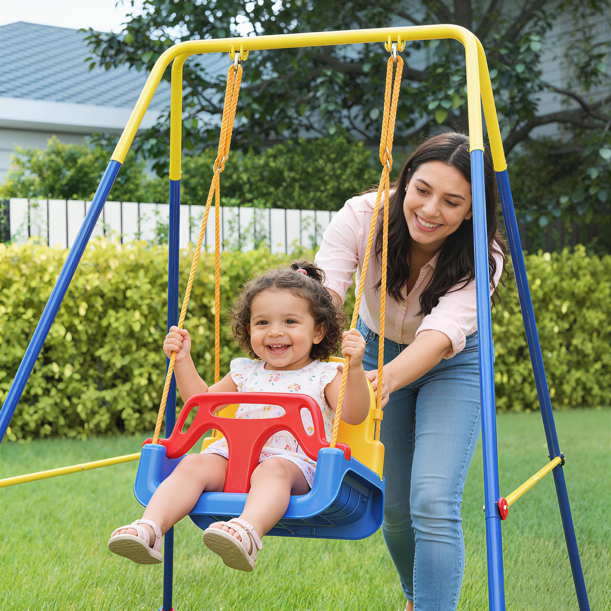 AIYAPLAY Altalena da Giardino per Bambini 3 in 1 9 Mesi-8 Anni Blu | Altalena per Neonato da Interno e Esterno, Altezza Regolabile, Supporti in Acciaio Pieghevoli, Cintura Sicurezza