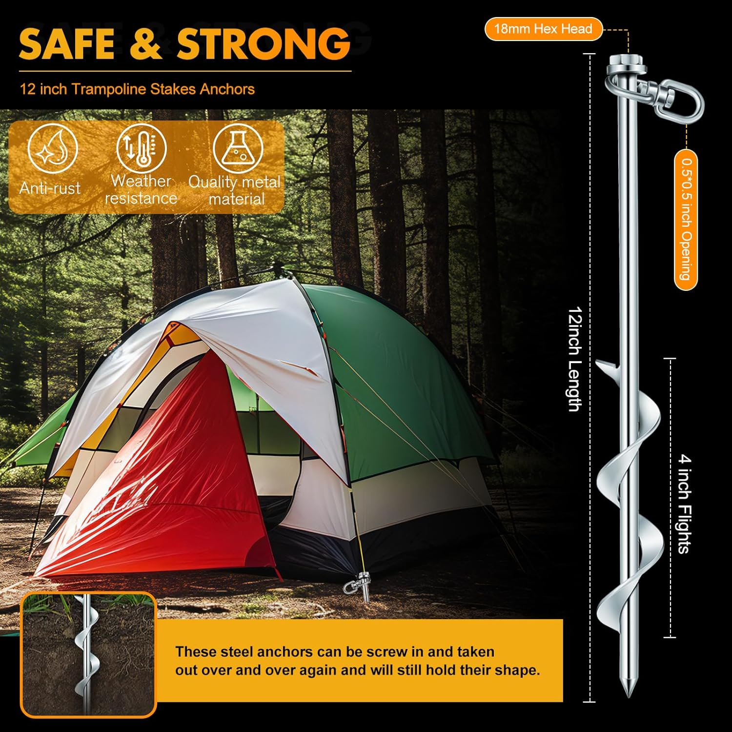 Hiboom 10 Pcs Ground Anchors with T Handle Hex Wrench Trampoline Hook, Ground Anchor Screw in Kit, Inflatable Outdoor Decorations Accessories for Camping Tents Car Ports Canopies (Silver,12 Inch)