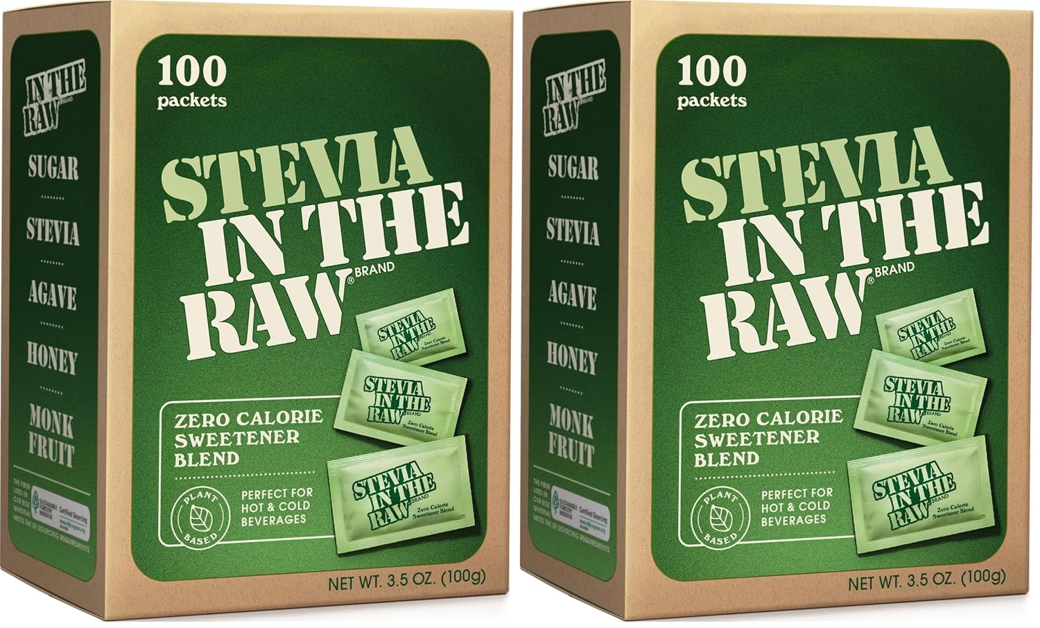 Stevia In The Raw, Plant Based Zero Calorie, No Erythritol, Sugar Substitute, Sugar-Free Sweetener for Coffee, Hot & Cold Drinks, Suitable For Diabetics, Vegan, Gluten-Free, 100Count Packets (2 Pack)