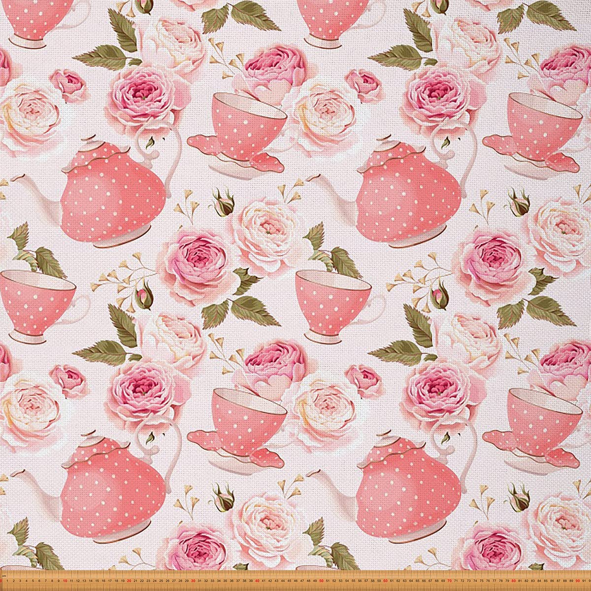 Vintage Floral Fabric by The Yard Romantic Teapots Flowers Theme Upholstery Fabric for Chairs and Home DIY Projects Decorative Waterproof Fabric 3 Yards,(L276*W150cm) Light Pink