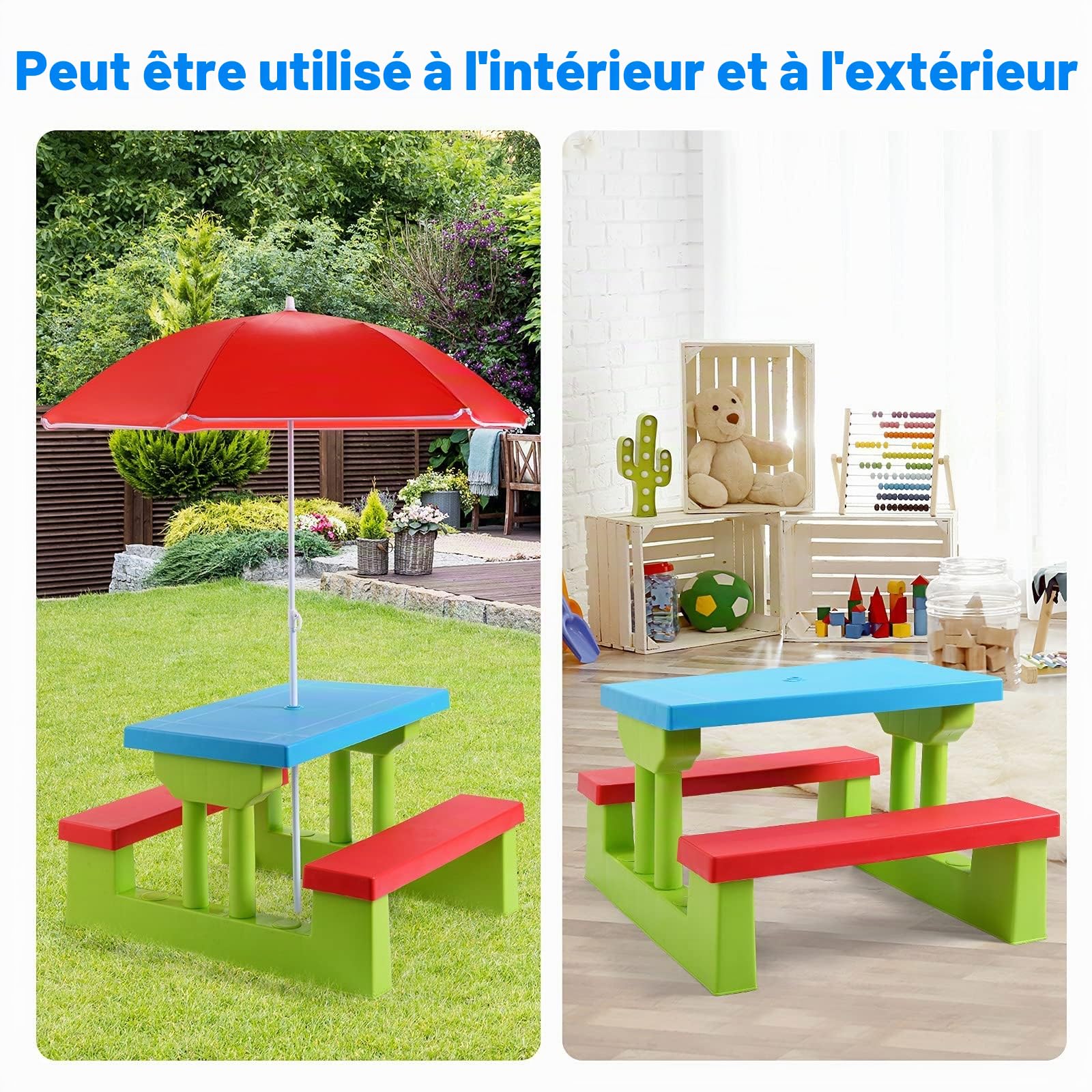 GIANTEX Table de Pique-Nique pour Enfants, Ensemble de Table et Chaises avec Pare-Soleil Amovible,Ensemble Salon de Jardin pour Enfants de Plus de 3 Ans, pour Jardin, Terrasse, Parc(Bleu+Vert+Rouge)
