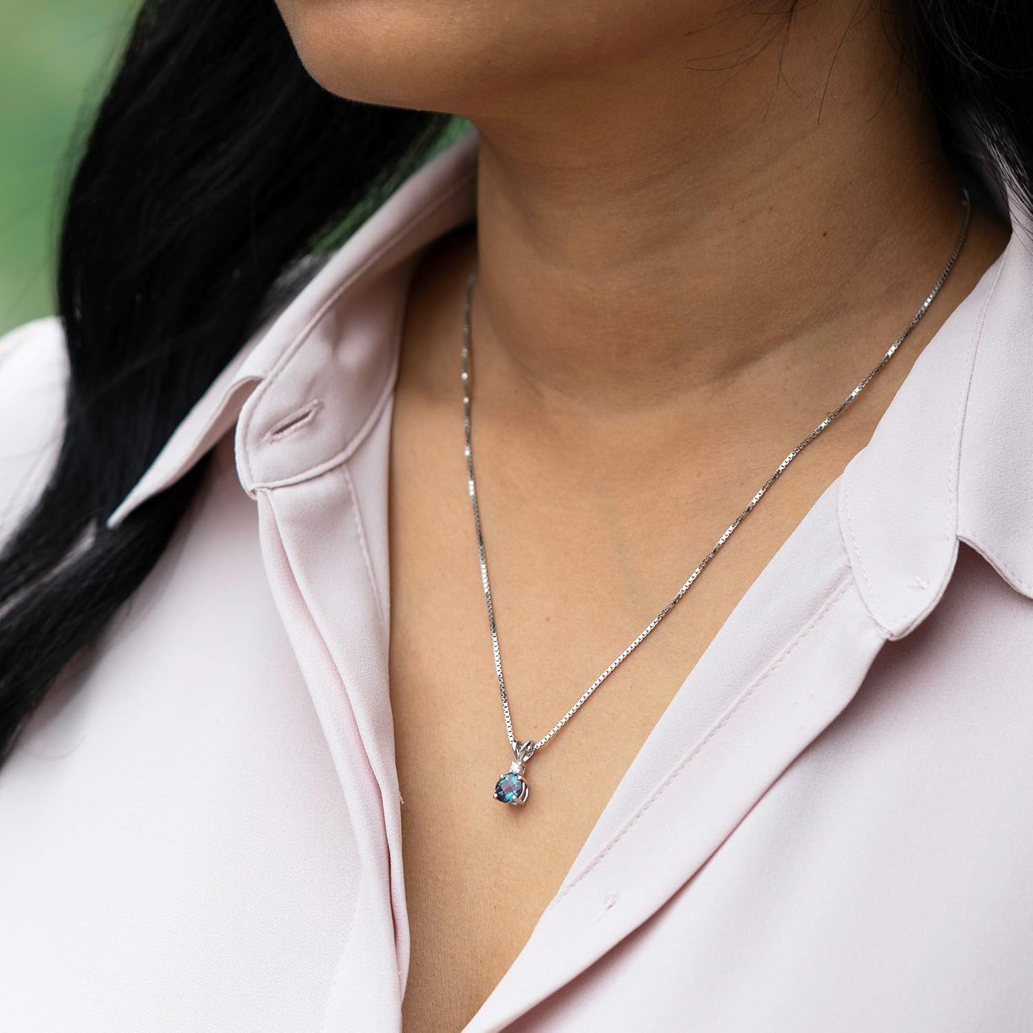PEORA Created Alexandrite with Genuine Diamond Pendant for Women 14K White Gold, Color-Changing Elegant Solitaire, Round Shape, 6.50mm, 1.30 Carats total, Color Change Alexandrite Jewelry,