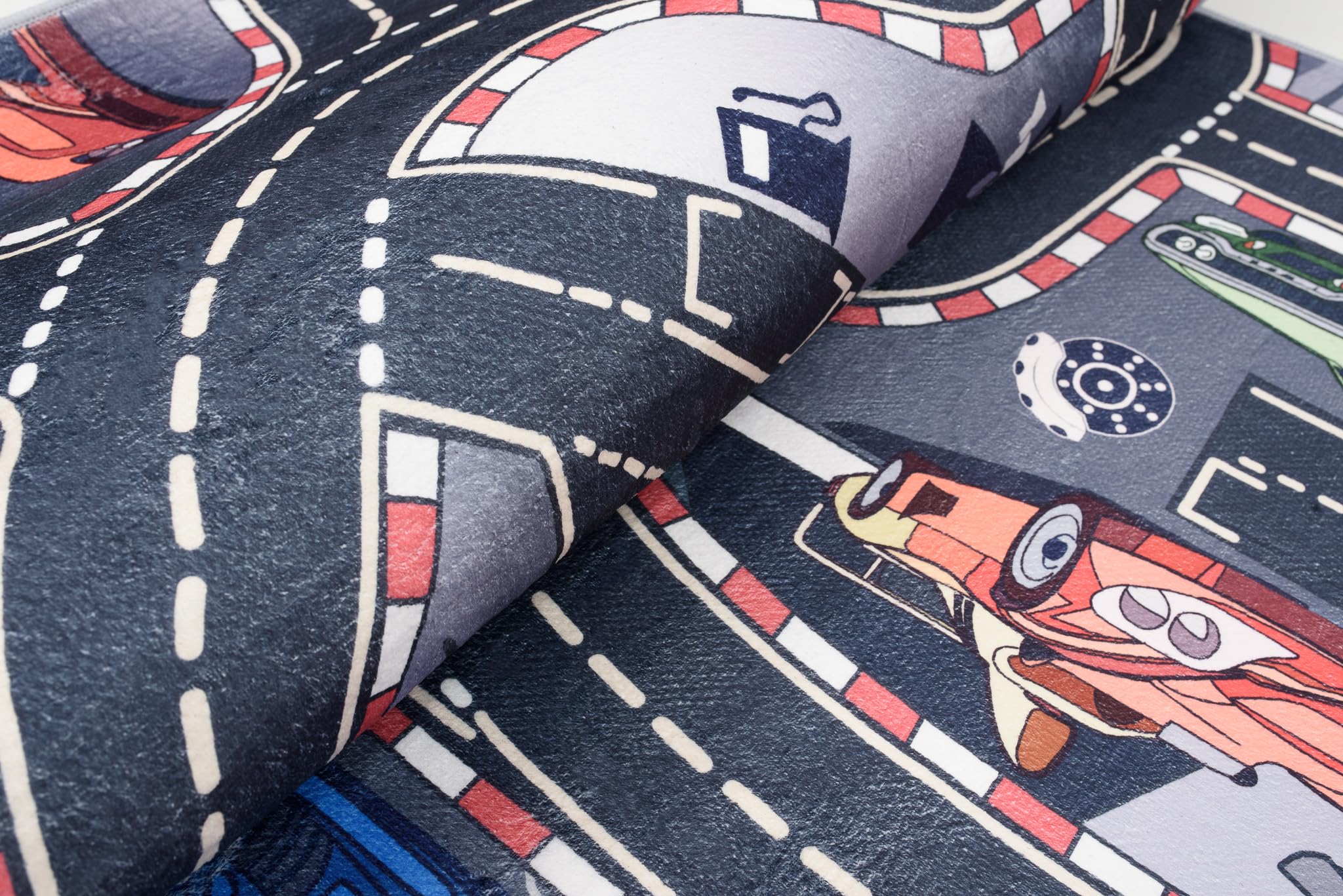 TAPISO Flannel Tapis Chambre Enfant Bébé Fille Garçon Antidérapant Lavable Gris Bleu Orange Tapis de Jeux Circuit Route Course de Voitures Poils Ras Oeko-TEX Résistant 120 x 170 cm