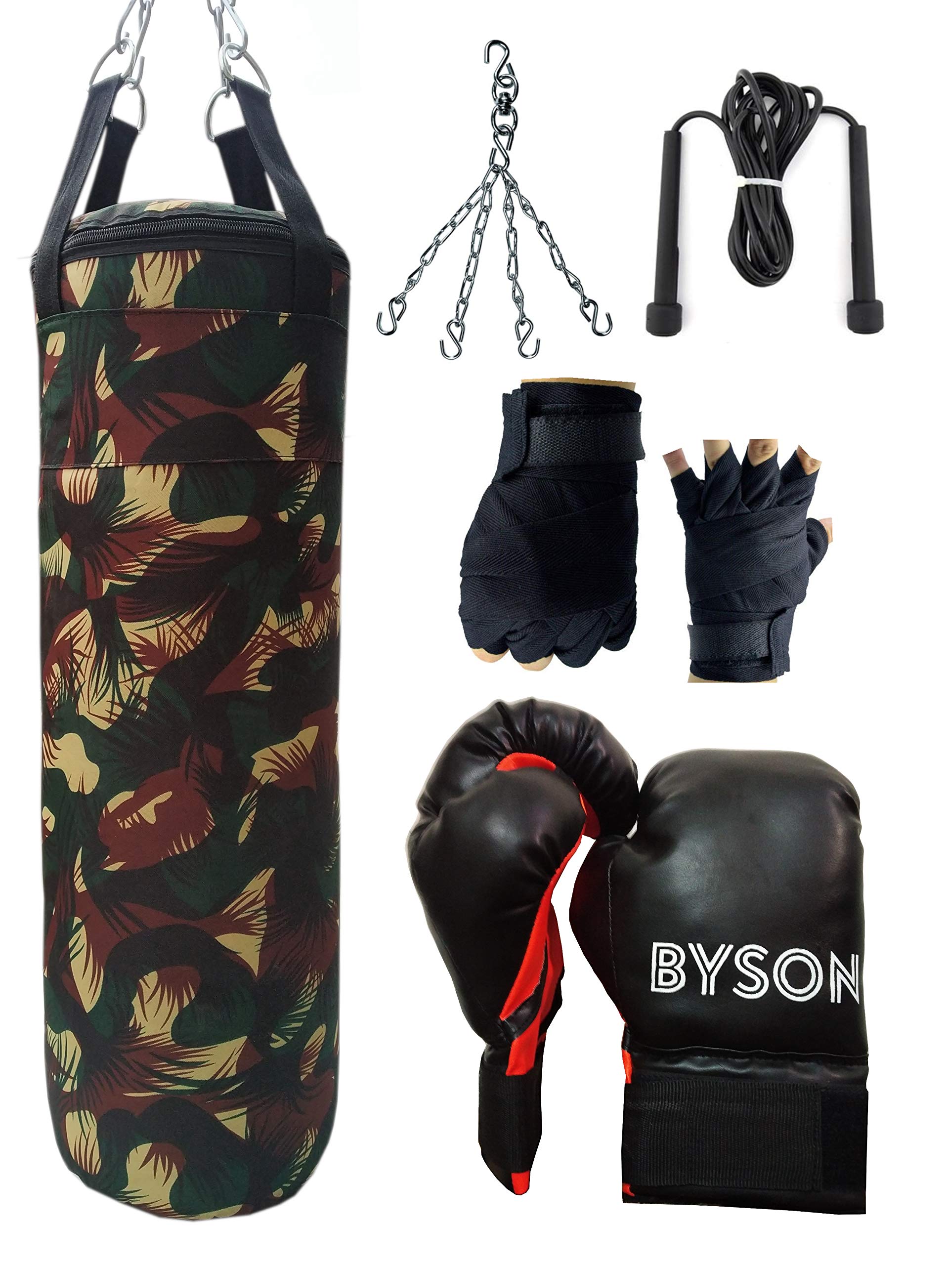 Byson New Army Boxing Kit Set for Men and Senior (36inch Punching Bag, 14oz Boxing Gloves, Hand Wrap, Chain, Skipping Rope) Heavy Bag-image-2