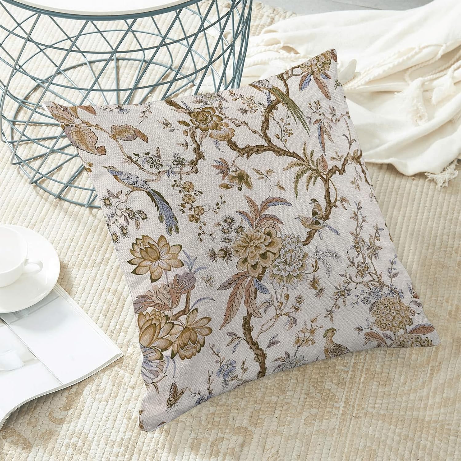 CXMEIFLY Spring Floral Birds Pillow Covers 18 x 18 Inch Set of 2 for Chinoiserie Flowers Decor Throw Pillows Brown and White Plant Outdoor Decorative Cushion Cases for Couch Bed Decorations image 4