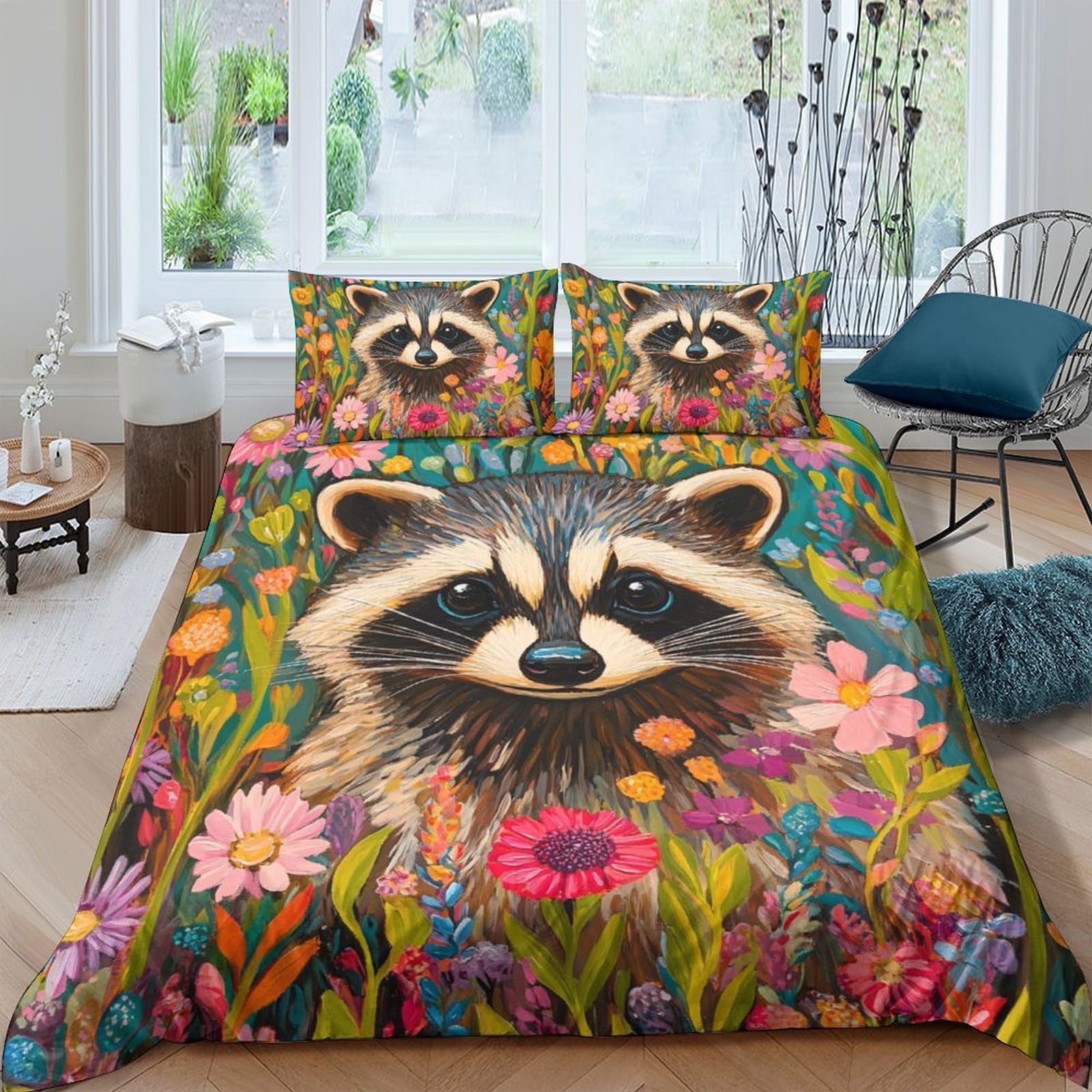 Ctjqhvkz Style-5 3D Printed Raccoon Floral Fitted Sheet Microfiber Soft Bedroom Decor Animal Bed Cover For Home Guest Room Single（135X200cm）