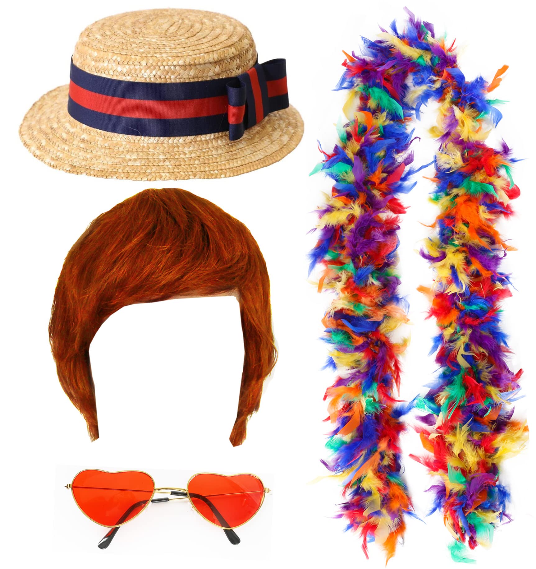 Farewell Tour Accessory Set - Straw Boater Hat, Ginger Wig, Rainbow Feather Boa and Red Heart Glasses - Adults 4-Piece Concert Pop Rock Icon Fancy Dress Accessory Set