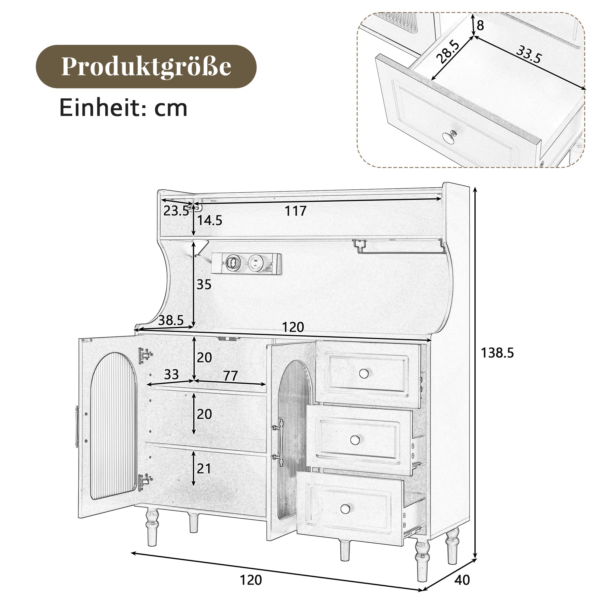 Bufet kuchenny szafka bufetowa z drzwiami ze szkła ryflowanego i 3 szufladami, szafka bufetowa kuchnia z nóżkami z litego drewna, szafka bufetowa 120 x 40 x 138,5 cm (biała)