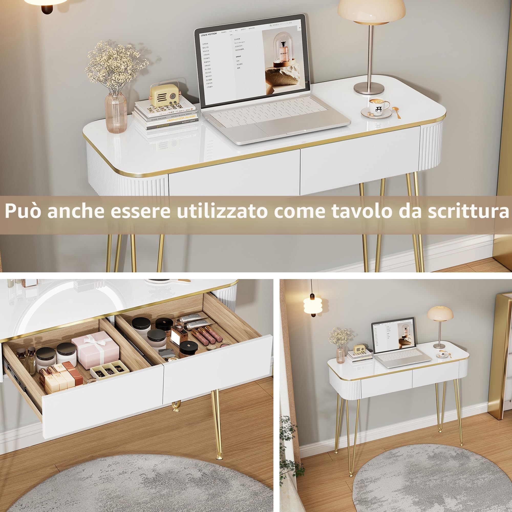 EUGAD Toeletta da Trucco con Luci LED, Luminosità Regolabile, Postazione Trucco con Specchio, 2 Cassetti in Legno, Piano Lucido 100x40 cm, Moderno, Bianco + Oro