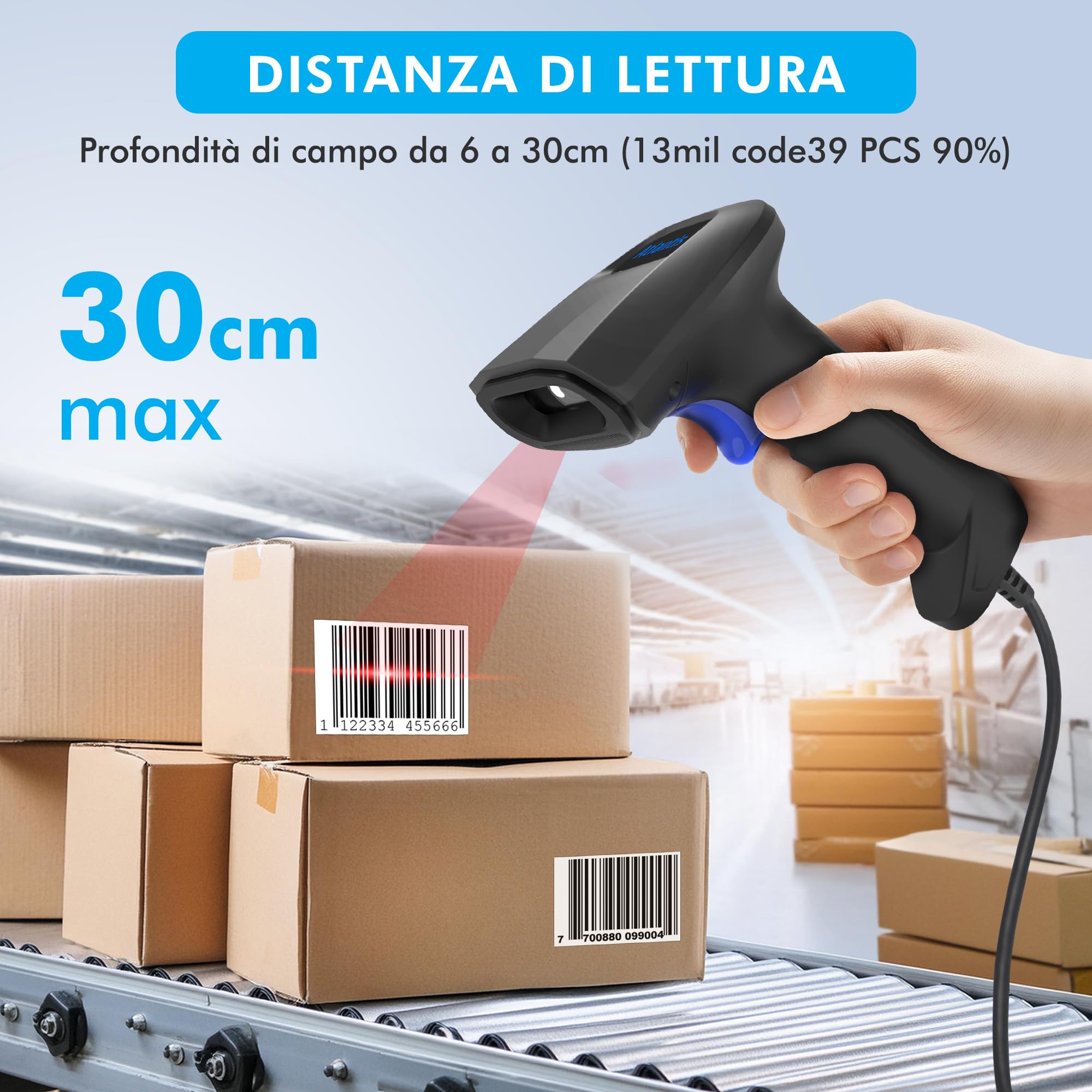 Atlantis A08-LD190-2D Lettore Codici a Barre Barcode reader scanner 1D e 2D Ottico (640x480), 60fps, legge da smartphone e display, codice farmaceutico, collegamento USB, guida rapida.