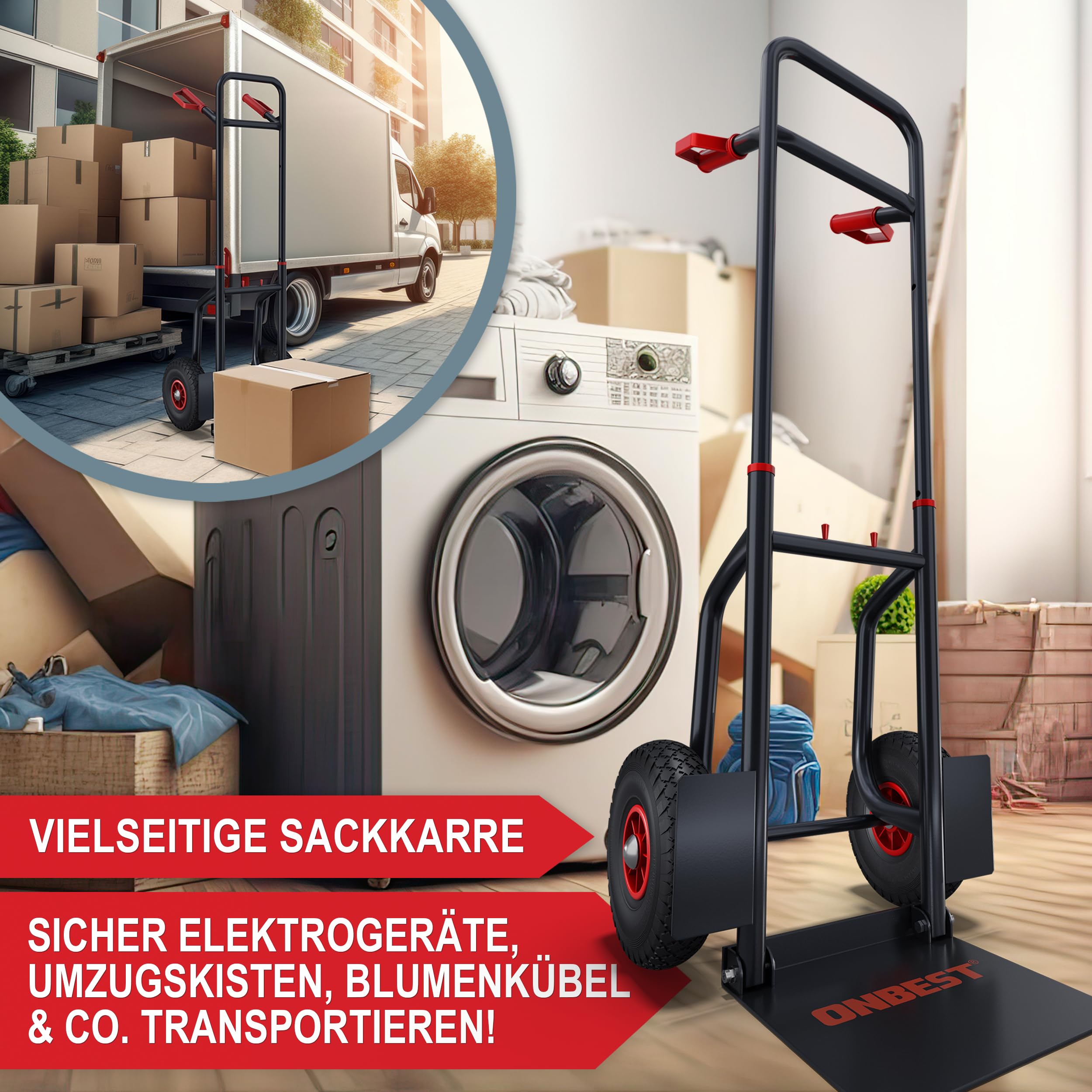 ONBEST Sackkarre klappbar 200 kg – Luftreifen & XL-Schaufel | Klappsackkarre mit leichtem Stahlrahmen und Handgriffen – Lastenkarre, Transportkarre und Trolley für schwere Lasten